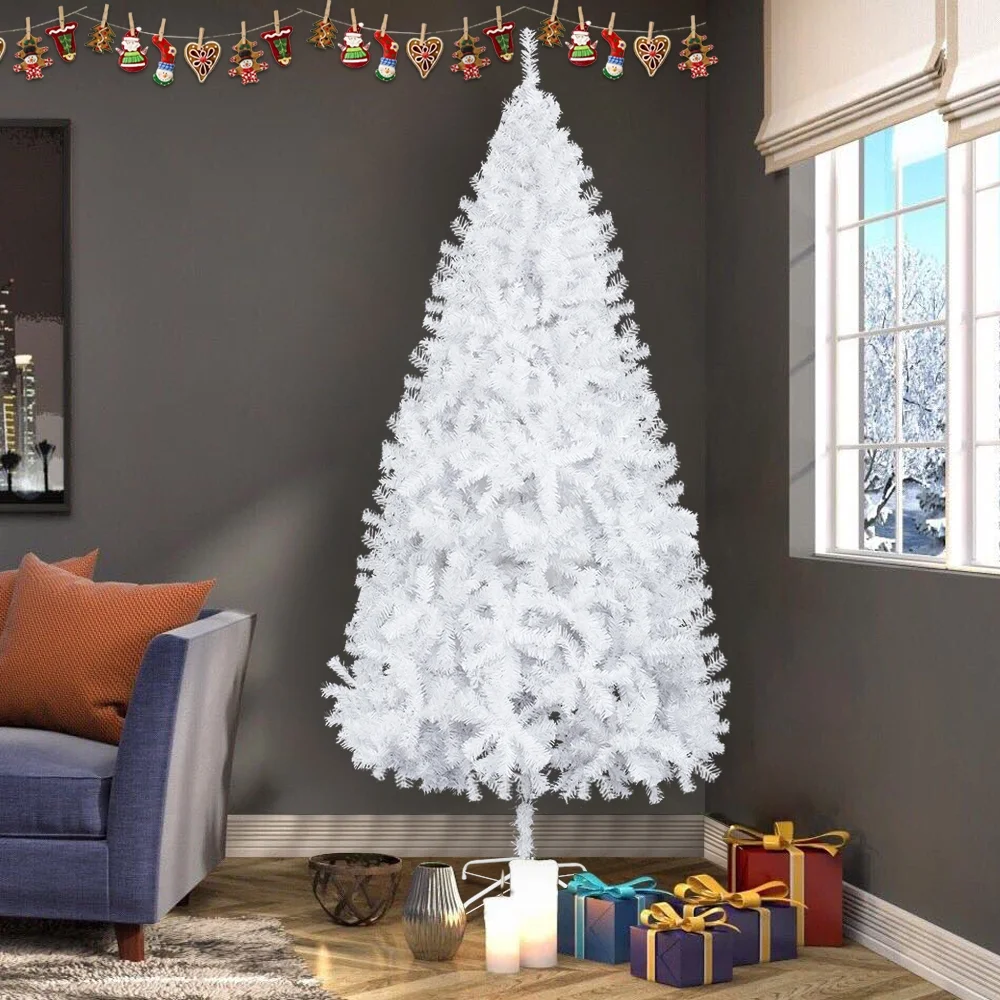 8ft White Artificial Christmas Tree, SYNGAR Natural Spruce Tree for Home Party Decoration with 1138 Branch Tips and Metal Foldable Stand, Fire-Resistant and Easy to Assemble, D9118