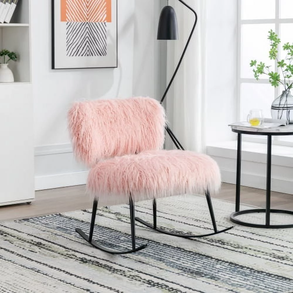 LEIYEHOOM 25.2‘‘ Wide Faux Fur Plush Nursery Rocking Chair  Baby Nursing Chair with Metal Rocker  Fluffy Upholstered Glider Chair  Comfy Mid Century Modern Chair for Living Room  Bedroom