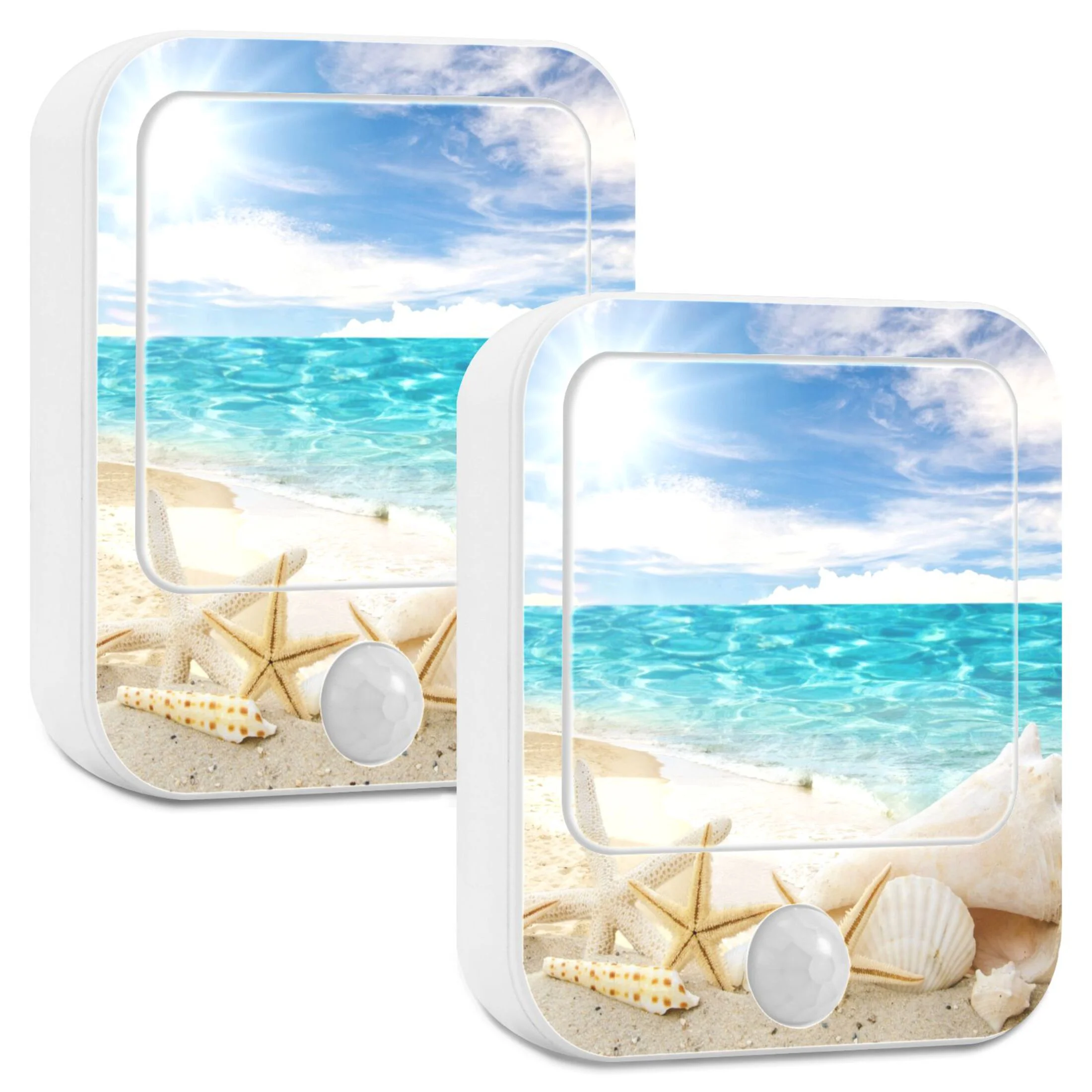 Blue Ocean Seashell Summer Beach LED Motion Sensor Night Light Plug into Wall 2 Pack Auto Dusk to Dawn Adjustable