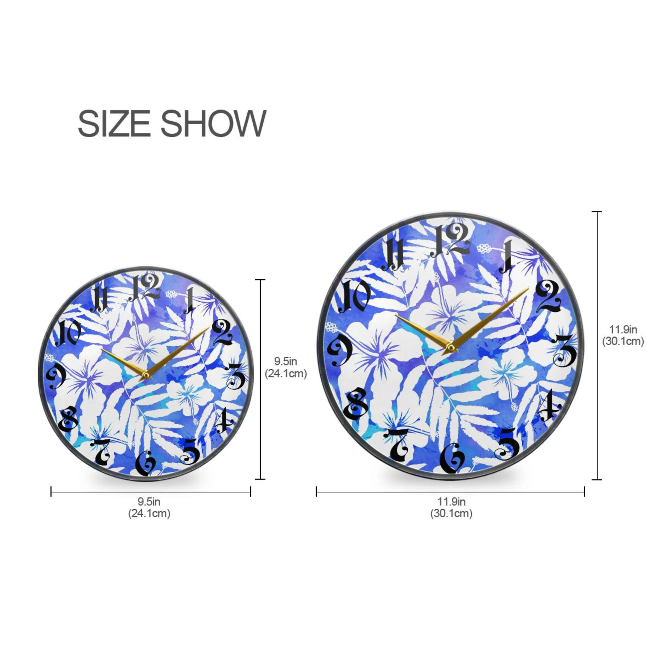 Blue Watercolor Hibiscus Acrylic Wall Clocks Quiet Round Clock Battery Operated Non-Ticking Clock for Bedroom Kitchen Office Decorative 11.9 Inch