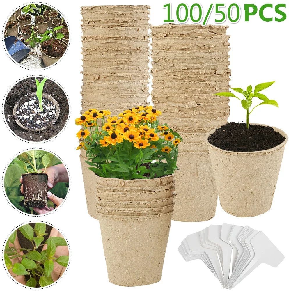 KINGLAKE 100/50 Pcs Biodegradable Fibre Seed Pots for Seedling with 100/50 Pcs Plastic Plant labels 6 * 6cm /8 * 8 cm