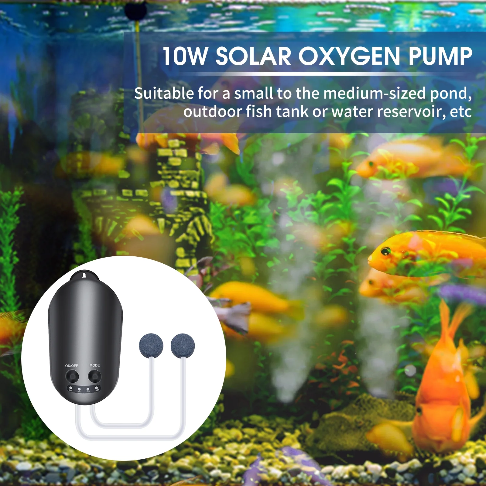 10W Solar Oxygen Pump with Air Stone Bracket Fish Tank Oxygenator 3 Adjustable Modes Aquarium Oxygen Aerator for S Pond Emergency Fishing Bird Bath