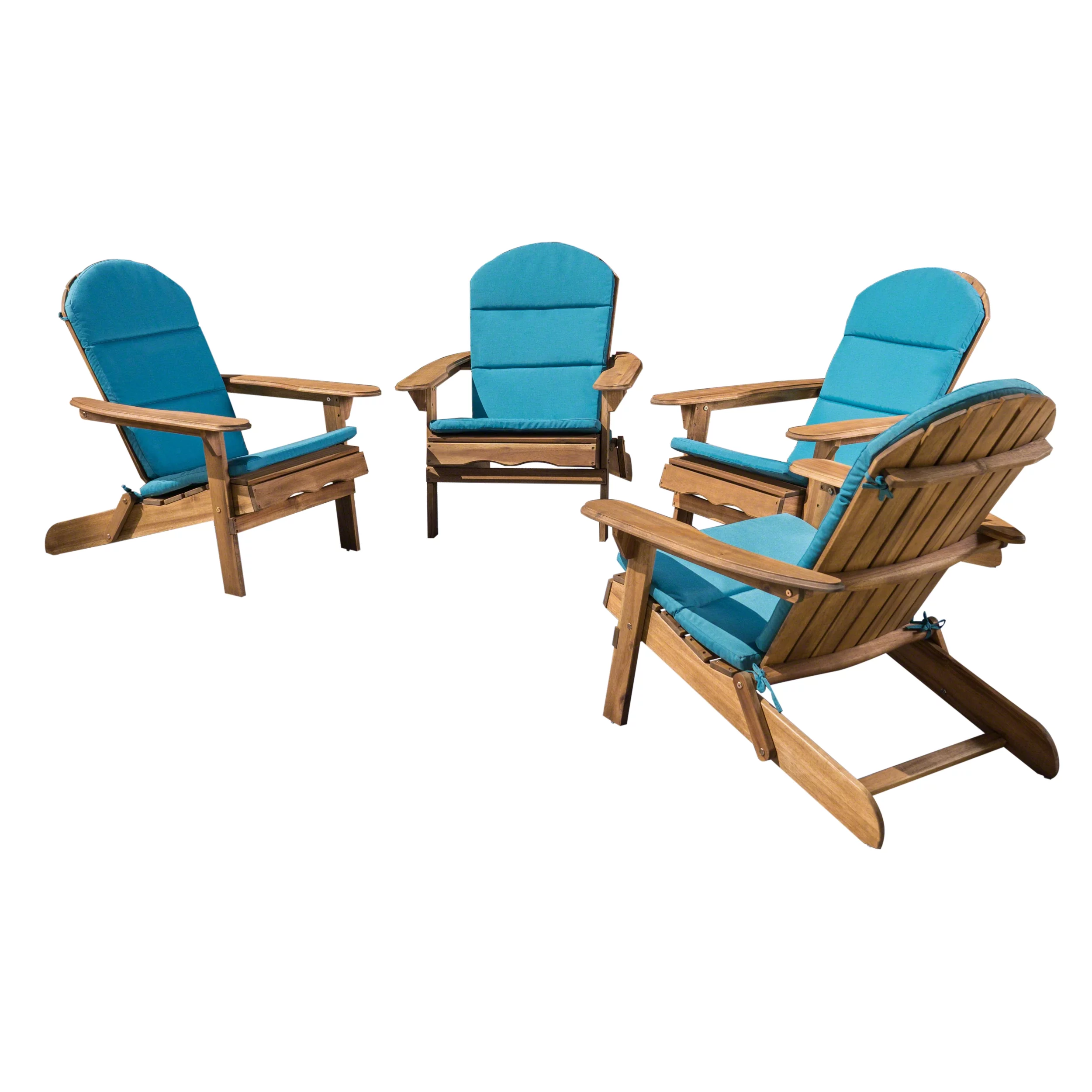 GDF Studio Cartagena Outdoor Acacia Wood Folding Adirondack Chairs with Cushions, Set of 4, Natural and Dark Teal