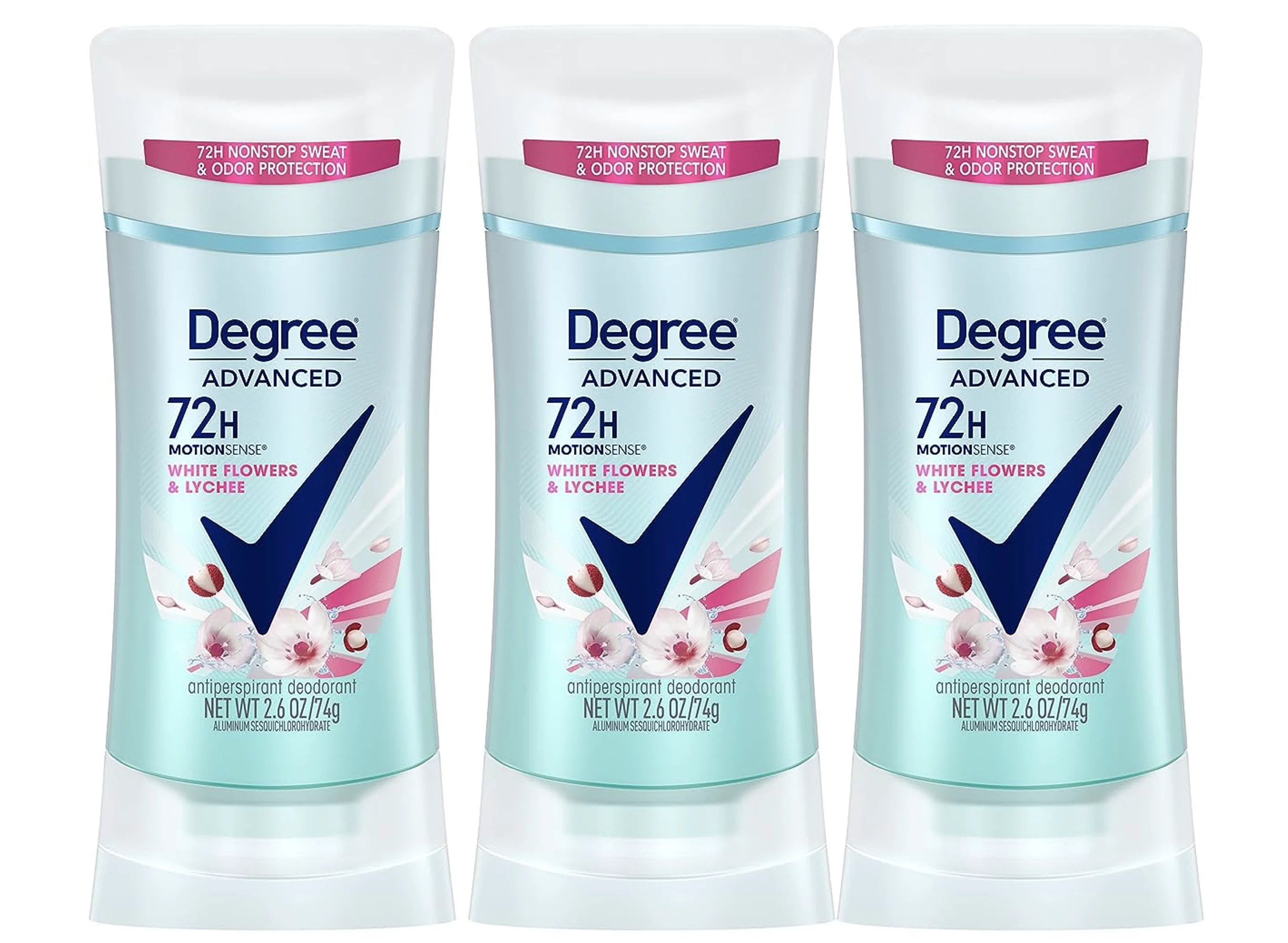 Degree Advanced Antiperspirant Deodorant 72-Hour Sweat & Odor Protection White Flowers & Lychee Antiperspirant for Women with MotionSense Technology 2.6 oz PACK OF 3