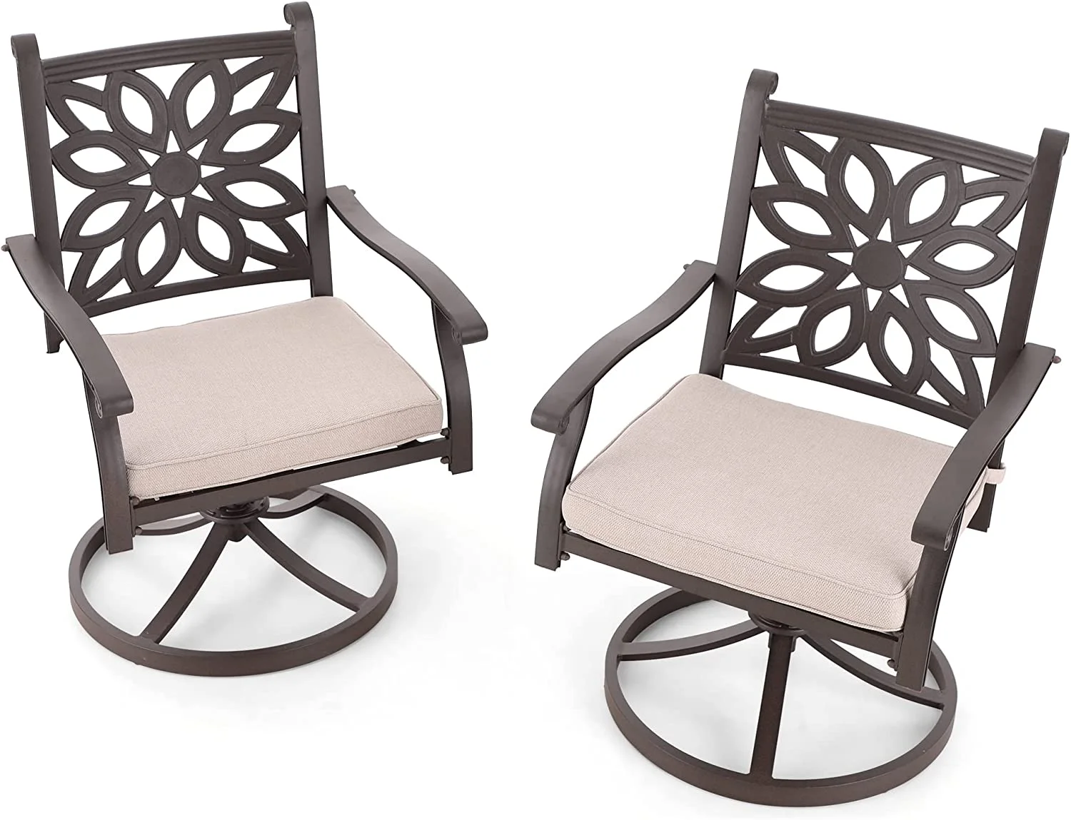 7 PCS Cast Aluminum Retro Design Patio Dining Set with 6 Swivel & Rock Chair and 1 63" Rectangular Dining Table  Outdoor Furniture for 6  Brown