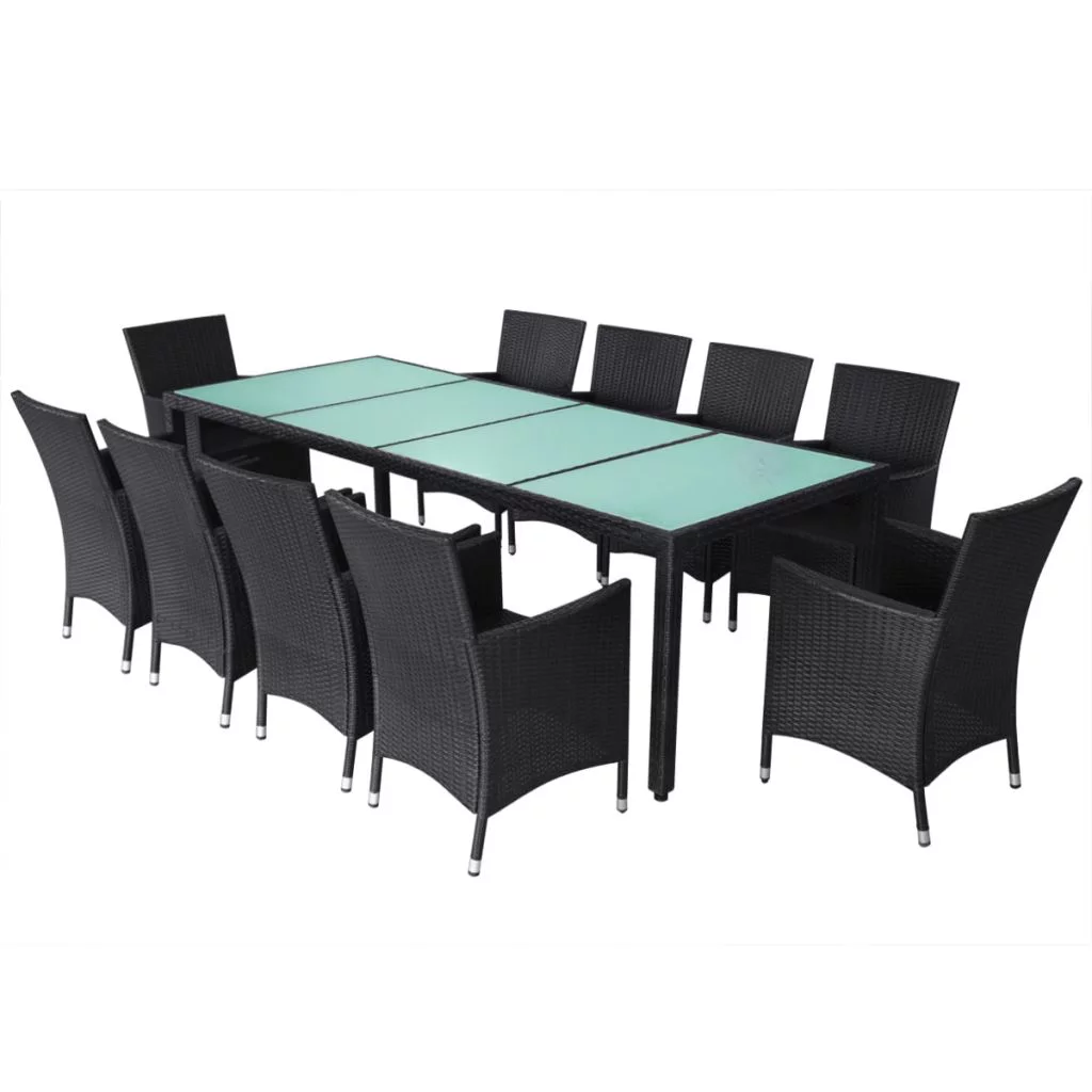 Andoer 11 Piece  Dining Set with Cushions Poly Rattan Black
