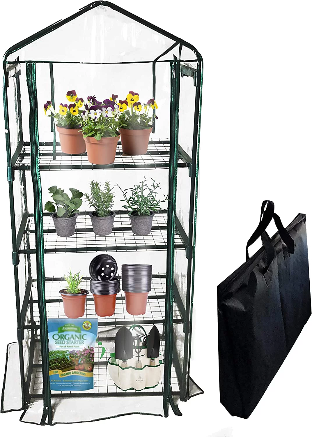 911217 Mini Greenhouse 4-Tier Growing Rack, Portable Carry/Storage Bag, Dark Green