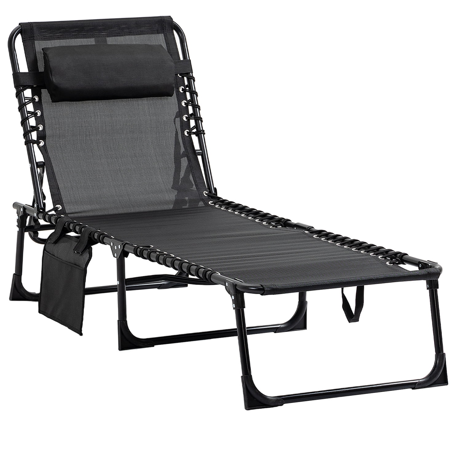 SQEWRED Reclining Chaise Lounge Chair  Portable Sun Lounger  Folding Camping Cot  with Adjustable Backrest and Removable Pillow  for Patio  Garden  Beach  Black