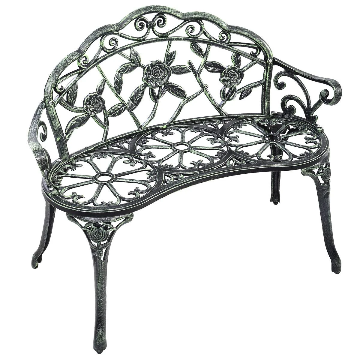 Outdoor Garden Bench Iron Patio Benches for Outdoors, Porch Bench Chair with Curved Legs Cast Aluminum Rose Antique Style, Green