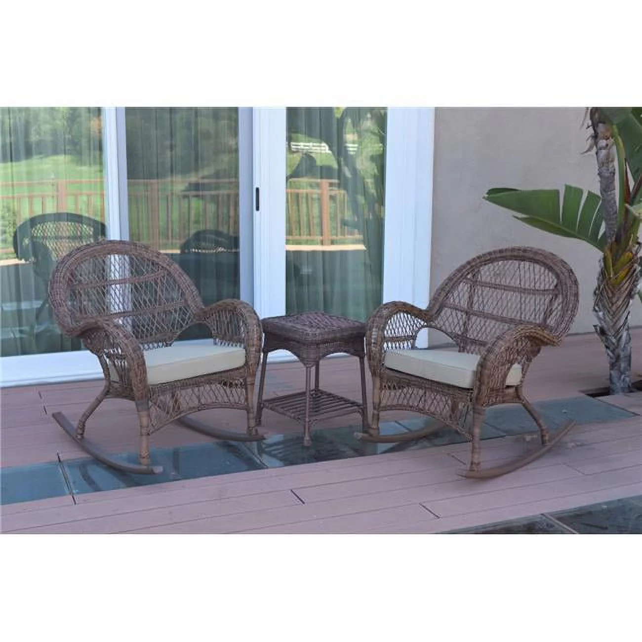 Jeco W00210-2-RCES006 3 Piece Santa Maria Honey Rocker Wicker Chair Set, Tan Cushion