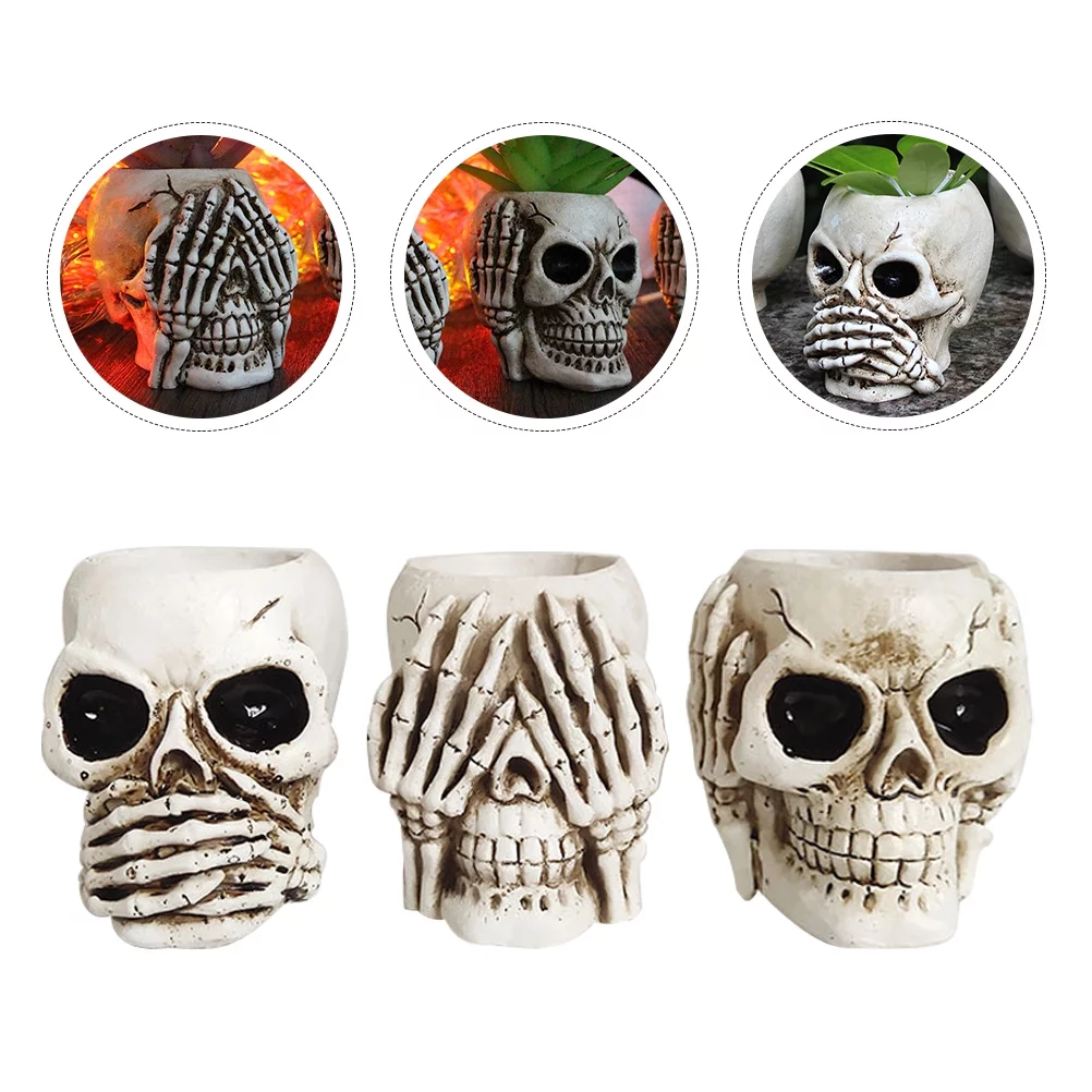 Guichaokj 3Pcs Skull Shape Flower Pots Flower Holders Planter Resin Planers Home Supplies