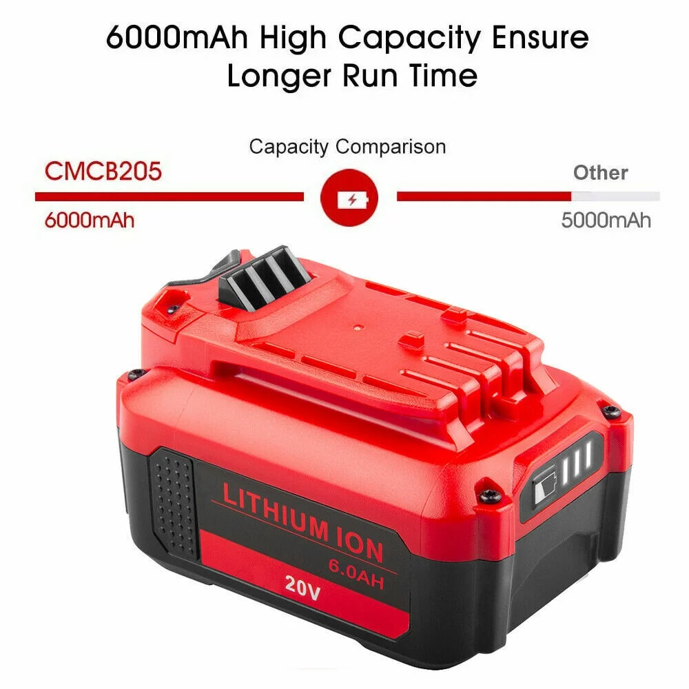 1 Battery 6.0Ah 20V MAX Lithium Ion for Craftsman V20 Cordless Power Tool CMCB202