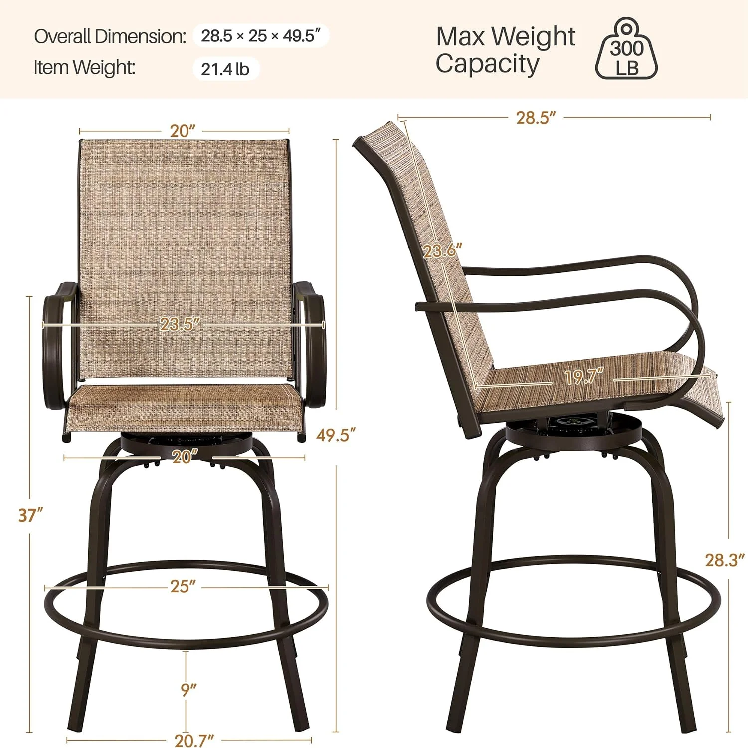 Patio Swivel Bar Stools Outdoor Chairs Set of 2 Outdoor High Bistro Stools Outdoor Furniture, All-Weather Patio Stools for Outside, Beach, Lawn, Poolside and Garden, Brown