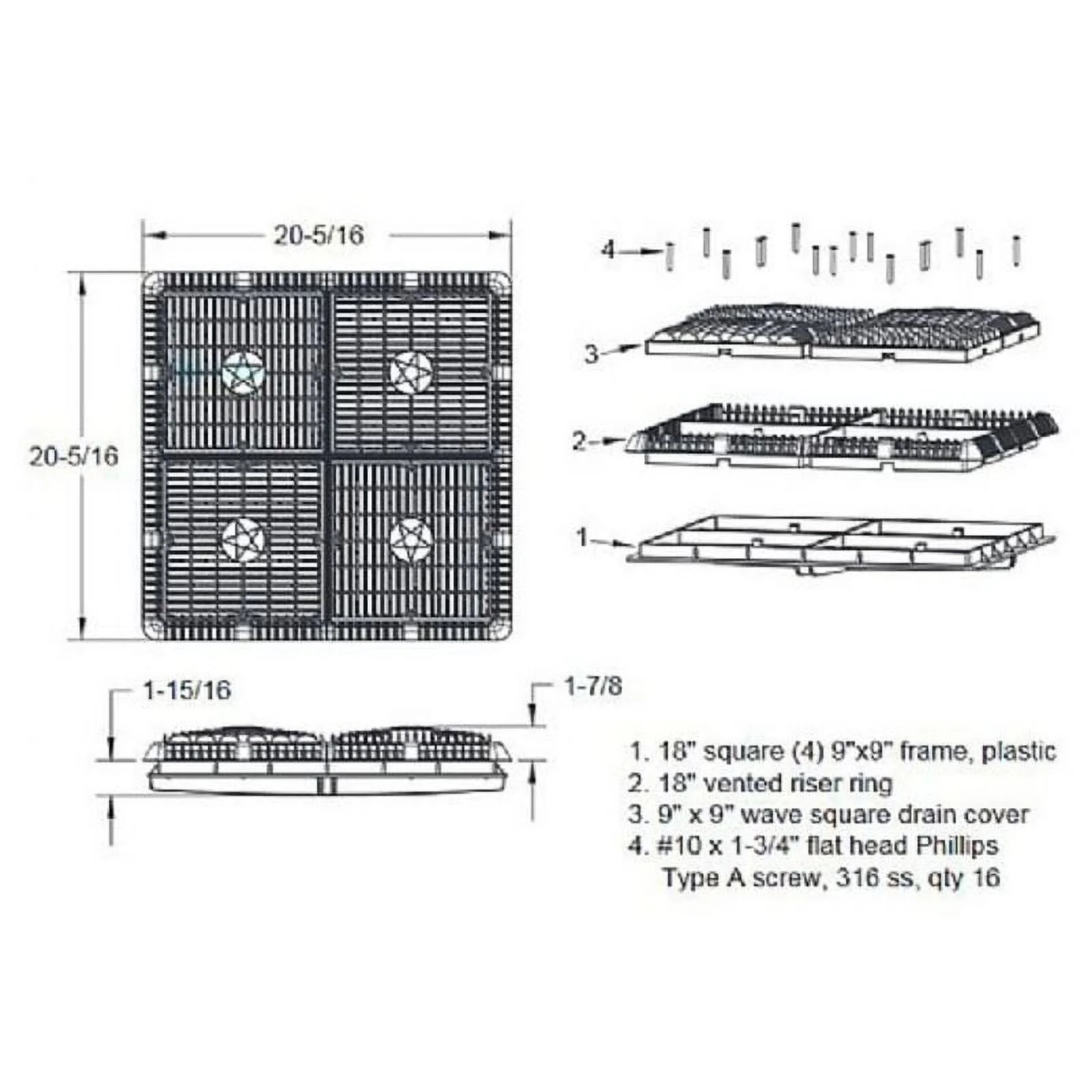 Aquastar Pool WAV18WR101 Wave Drain with Frame & Vented Riser Ring