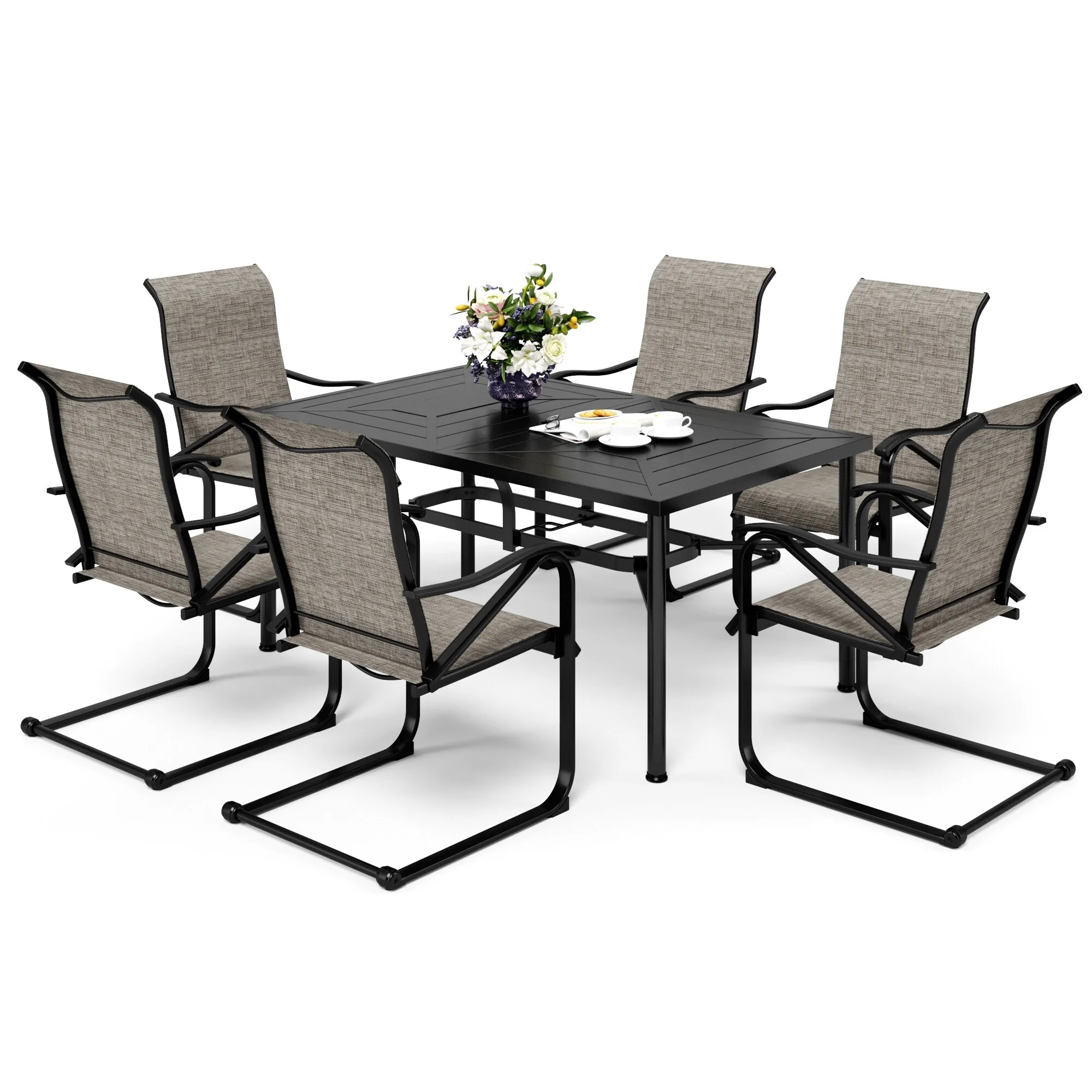 7-Piece Patio Dining Set, 1 ExtendingTable and 6 Spring Motion Textilene Chairs With Umbrella Hole
