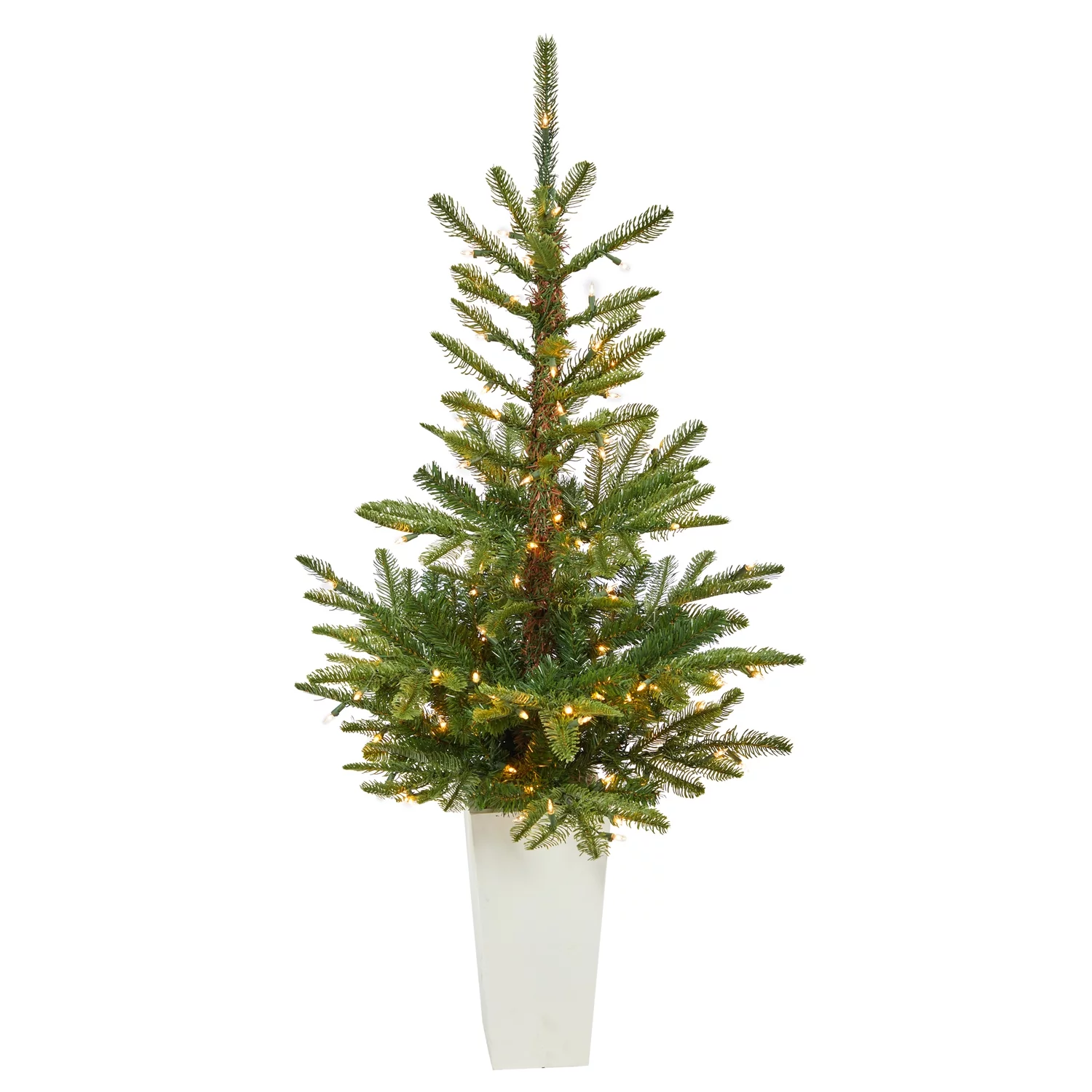 Nearly Natural 4.5ft. Layered Washington Spruce Artificial Christmas Tree with 100 Clear LED Lights and 189 Bendable Branches in White Planter