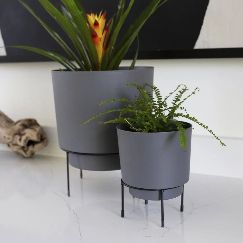 Bloem 6-in Hopson Modern Round Resin Planter with Black Metal Stand - Charcoal Gray