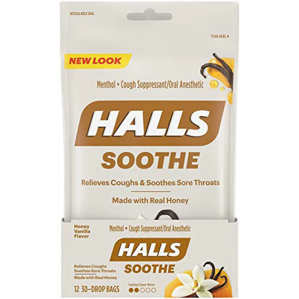 Halls Honey Vanilla Menthol Cough Suppressant/Oral Anesthetic 12-30 ct. Pouches