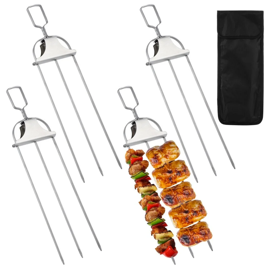 3-Prong Semi-automatic Grill Fork Set, 4 PCS 3-Prong Barbecue Skewer, 3-Way Stainless Steel Grilling Fork, 14 Inches Metal Grill Skewer with Push Bar Slider for Meats, Vegetables, Steaks, Sausages