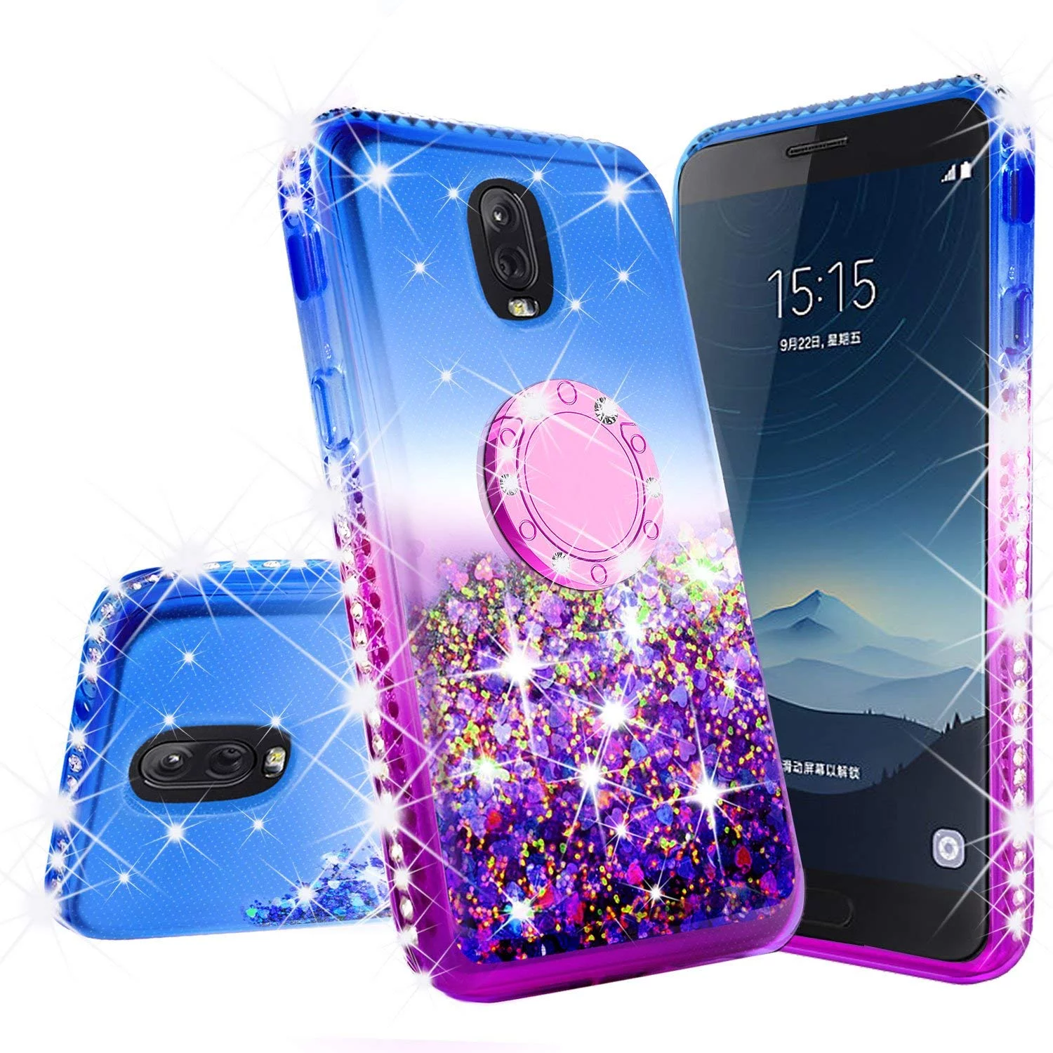 Samsung Galaxy J3 2018/J3 Star/J3 Achieve/Express Prime 3/Amp Prime 3 Case,Liquid Glitter Bling Sparkly Bumper Phone Case Kickstand Ring Kickstand Soft Sparkly Pink