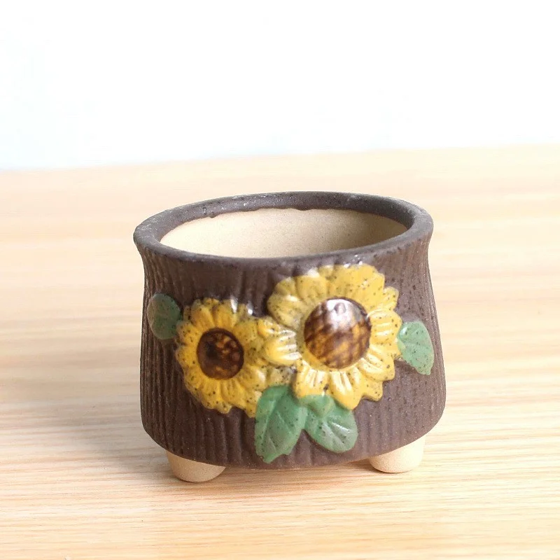 Ceramic Succulent Planter with Hand-Painted Sunflower Design