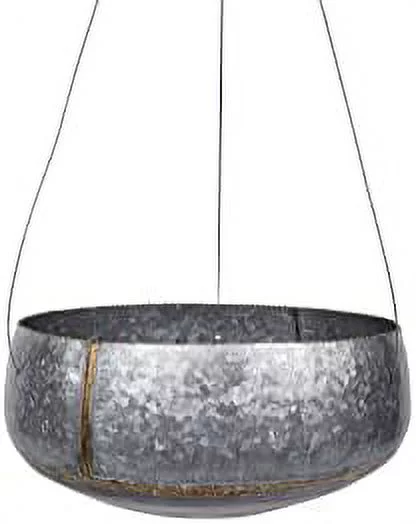 Galvanized Metal Hanging Planter with Line Design, Silver and
