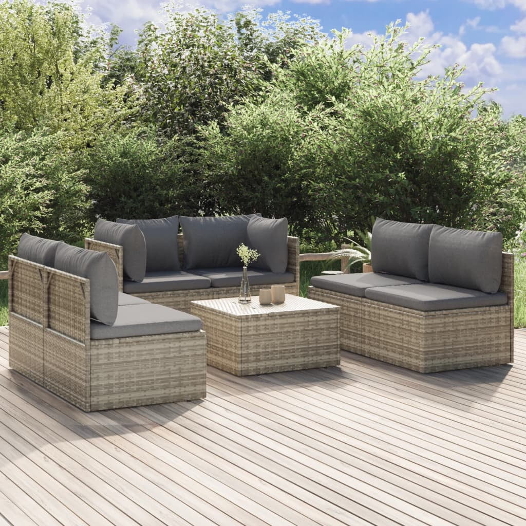 moobody 7 Piece Patio Set with Cushions Gray Poly Rattan
