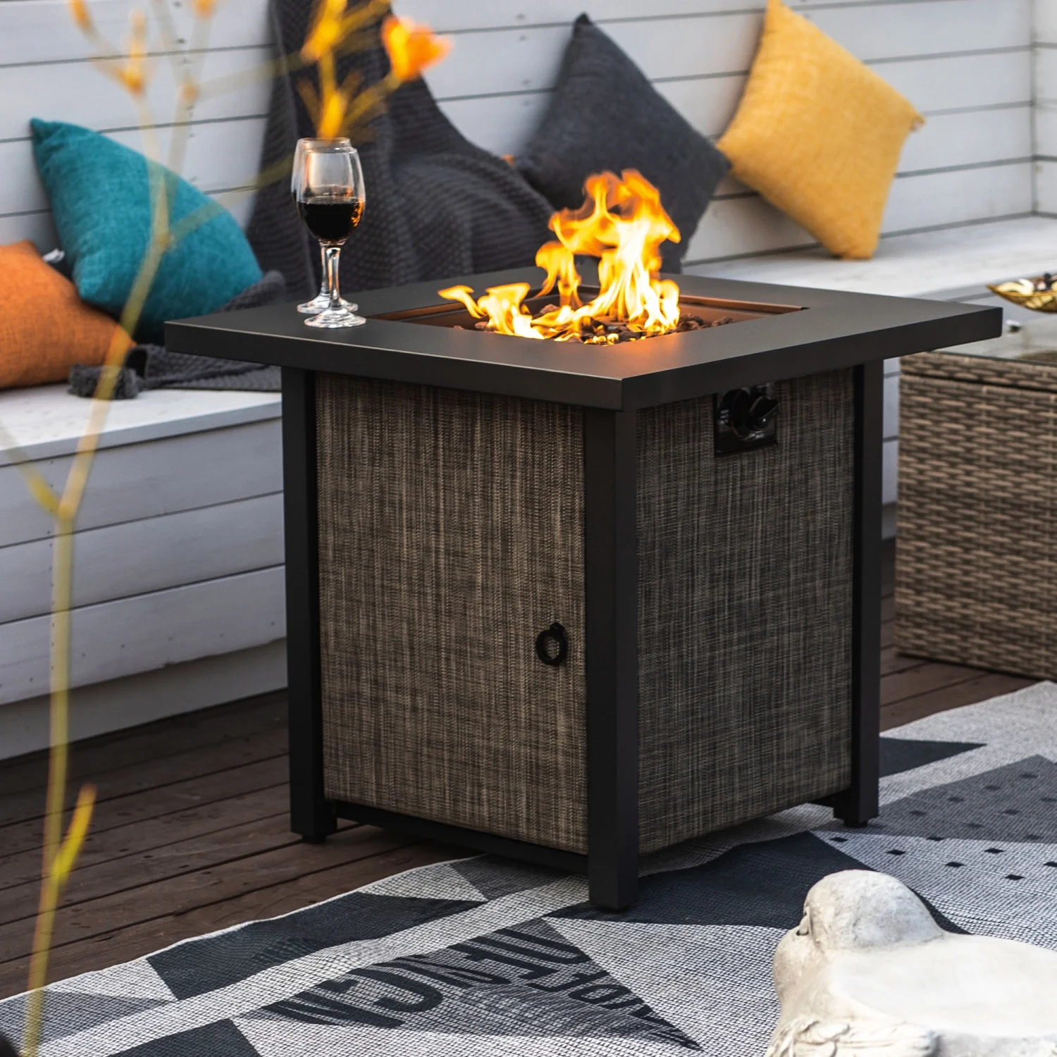 Durable 40000BTU Propane Fire Pit Table with Steel Tabletop  Textilene Side Panel  Lid  and Rocks - Square Steel Design for Outdoor Use