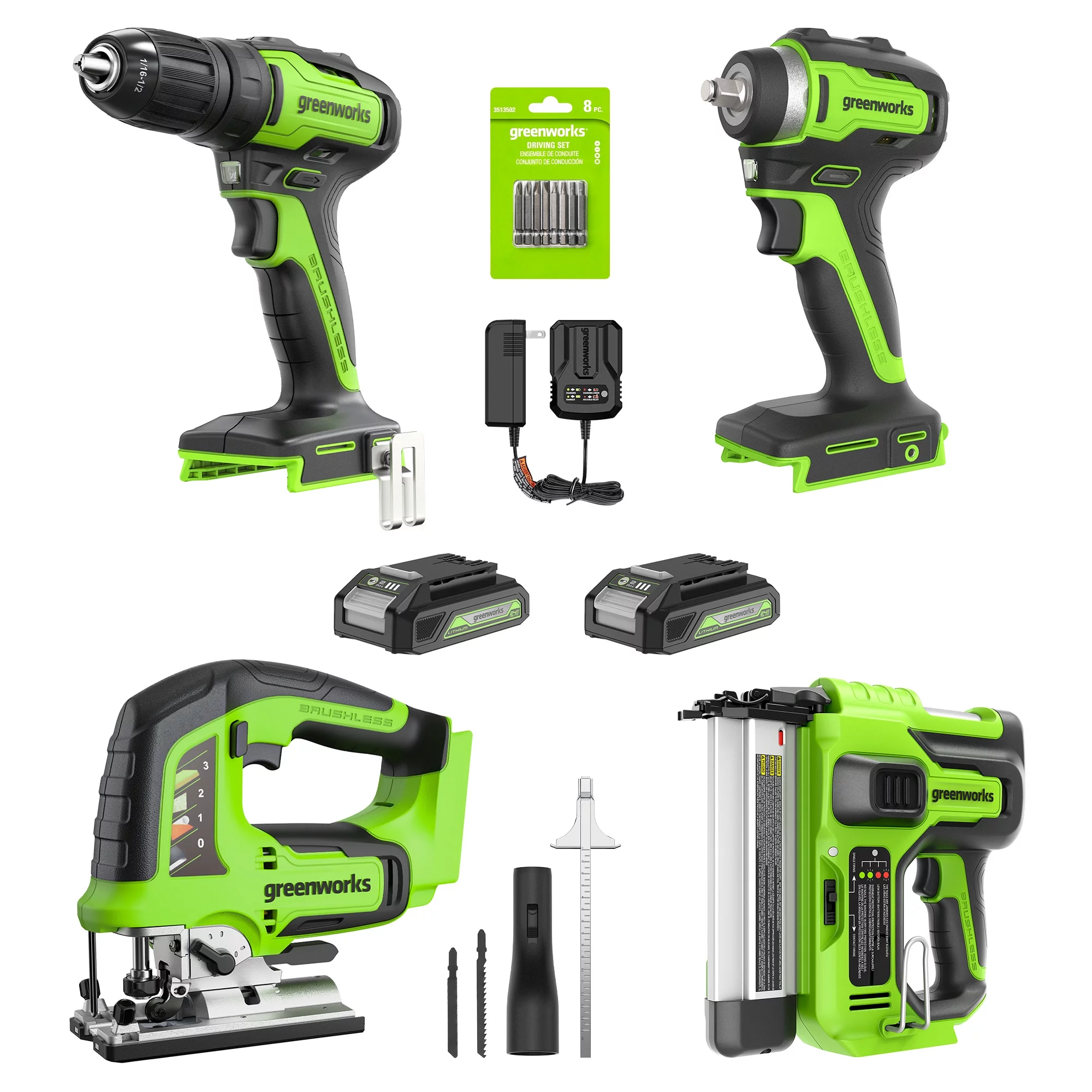 Greenworks New 24V Carpentry 4 Power Tool, Brushless Drill Driver Combo Kit with Two 2Ah Batteries & Charger