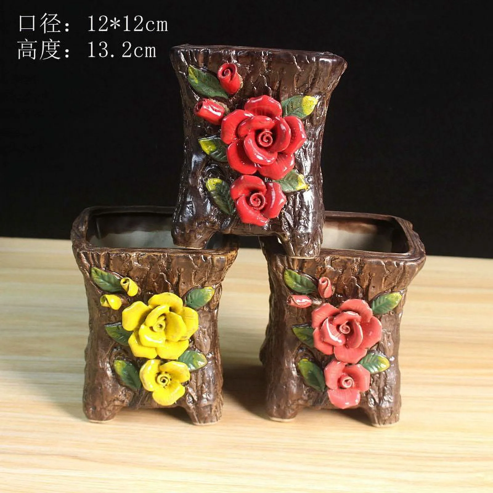 LivNxt Handcrafted Ceramic Succulent Planter with Floral Design - Rustic Pot for Succulents and Old Stump Plants