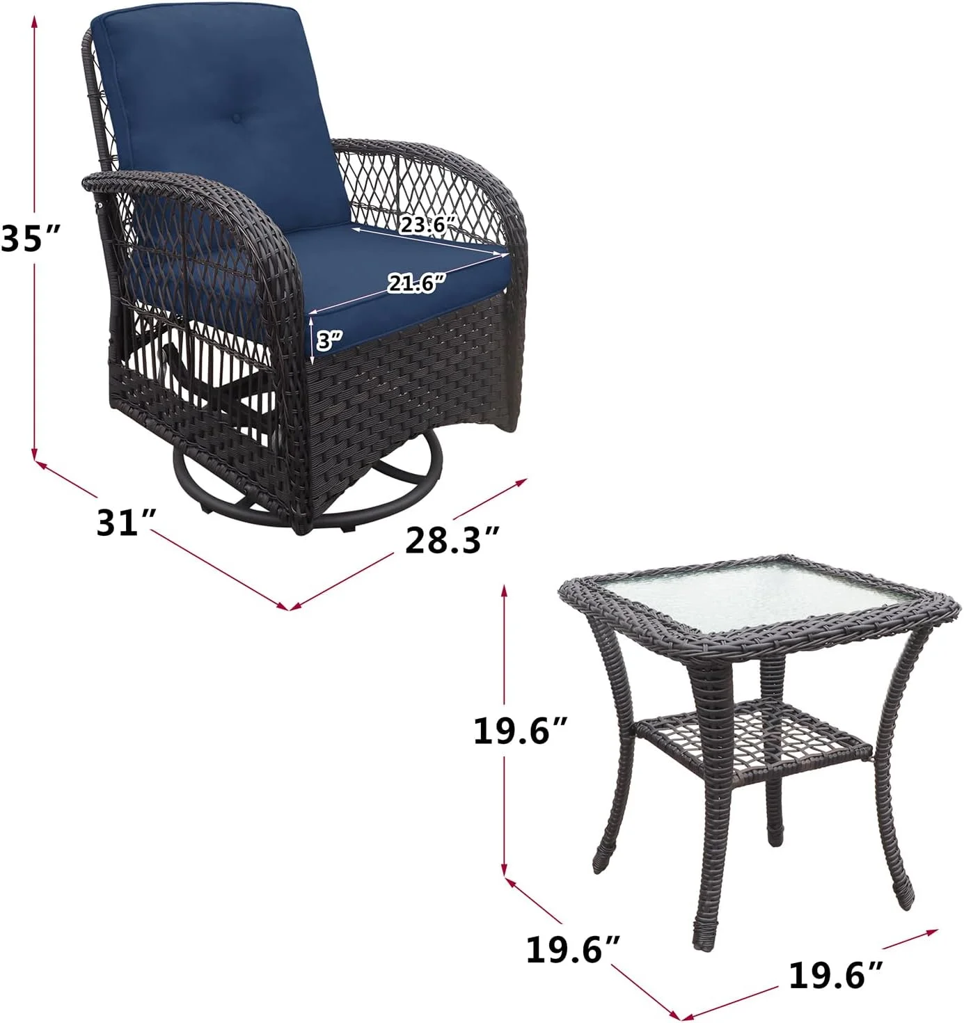 Dina 3 Pieces Patio Bistro Set - Outdoor Wicker Rocker Swivel Conversation Set with 2 Rocking Chairs and 1 Glass Top Side Table (Brown + Khaki)