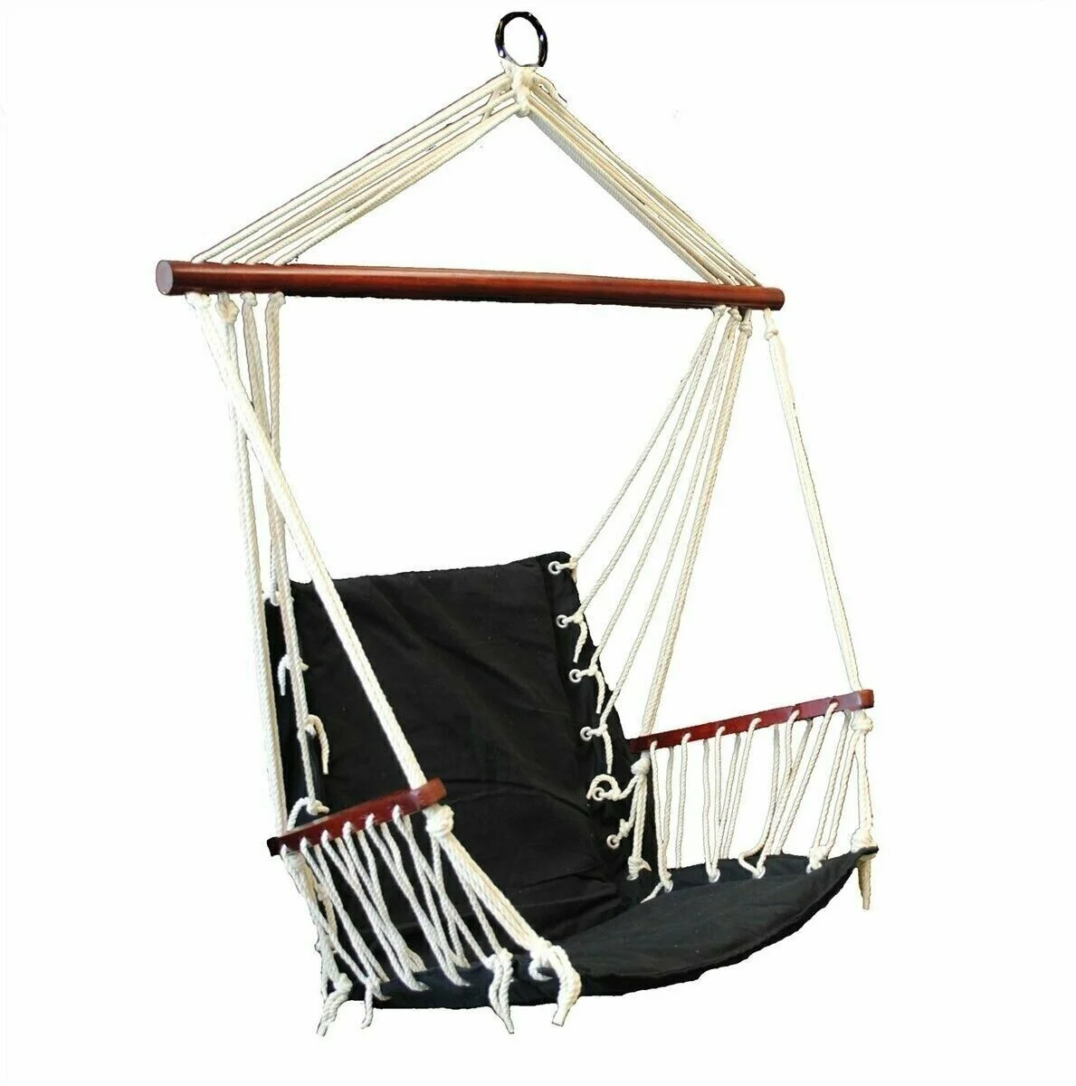 S4O Patio Swing Seat Hanging Hammock Cotton Rope Chair With Cushion Seat - Black