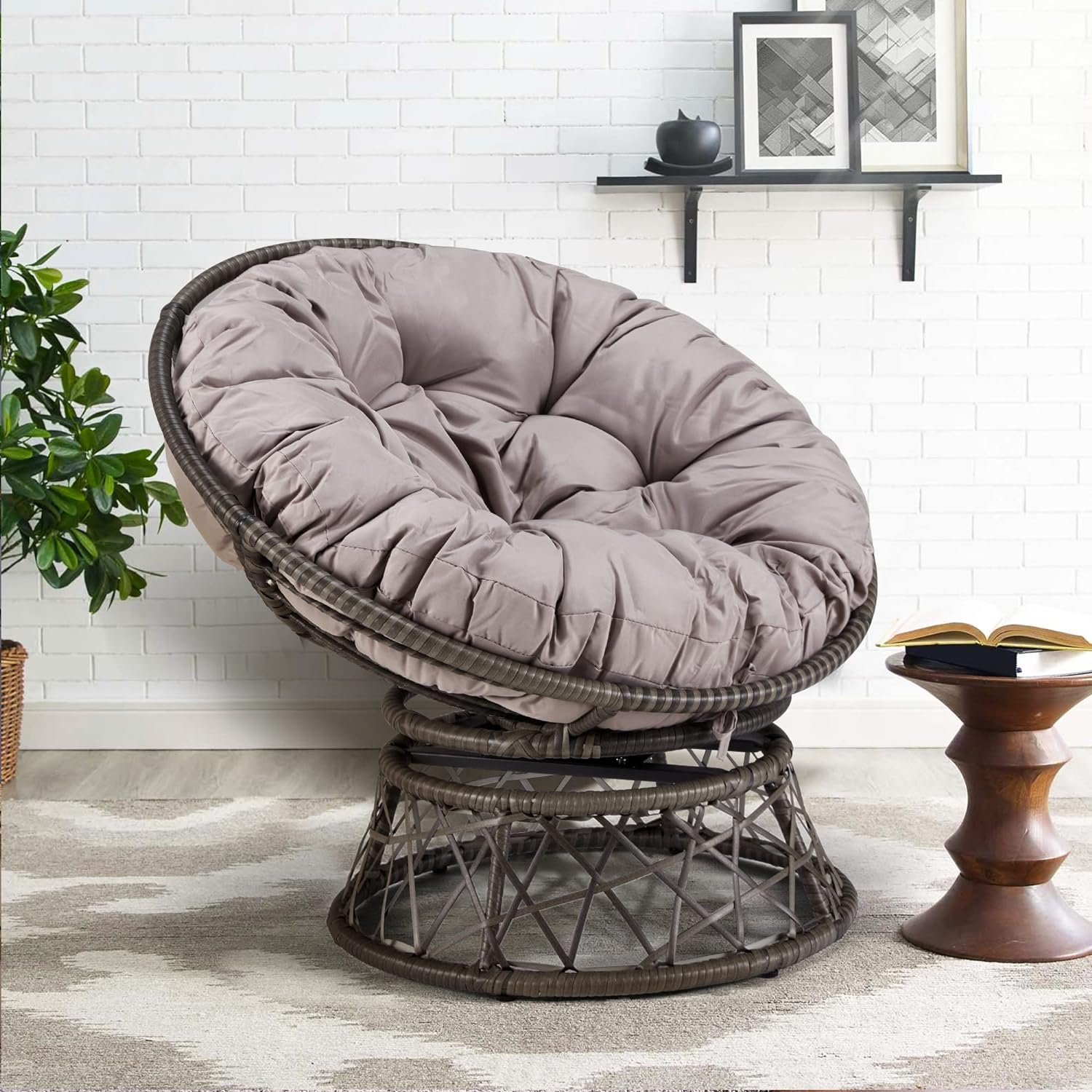 KROFEM Comfy Rattan Wicker Papasan Circle Chair, Living Room Chair, 360 Swivel Saucer Ideal for Patio, Bedroom, Living Room, Indoor and Outdoor, Grey Frame with Light Grey Cushion