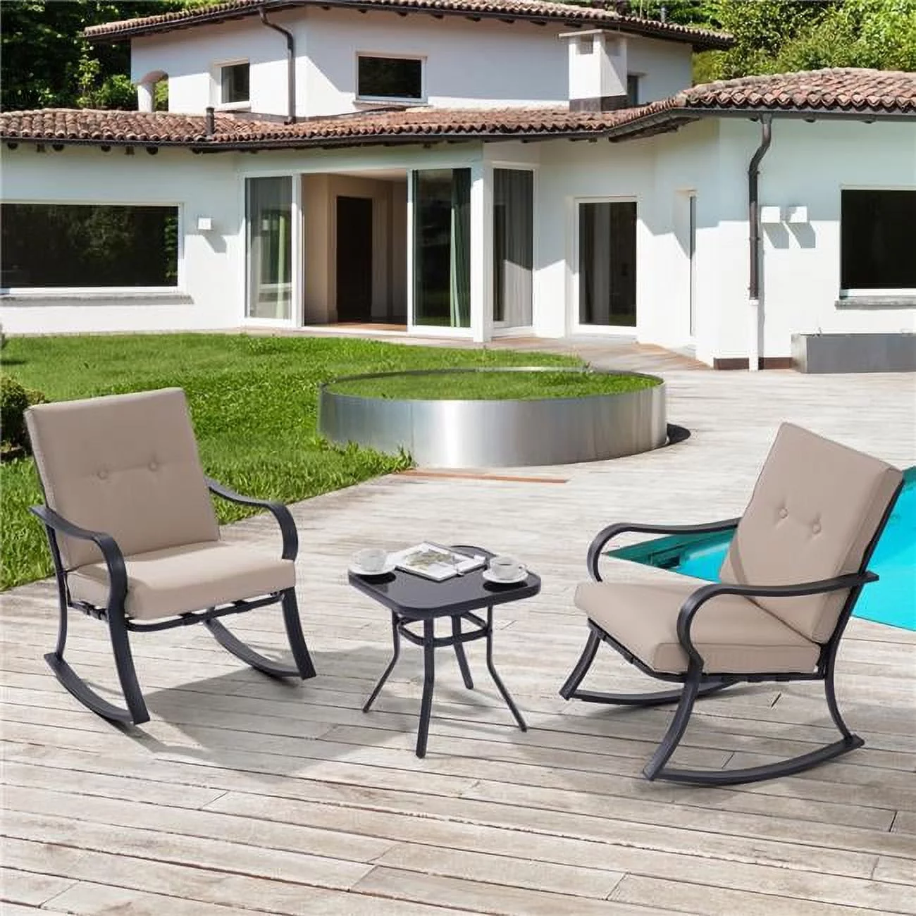 3-Piece Metal Frame Outdoor Bistro Set 2 Rocking Chairs with Sand Cushions and Tempered Glass Side Table