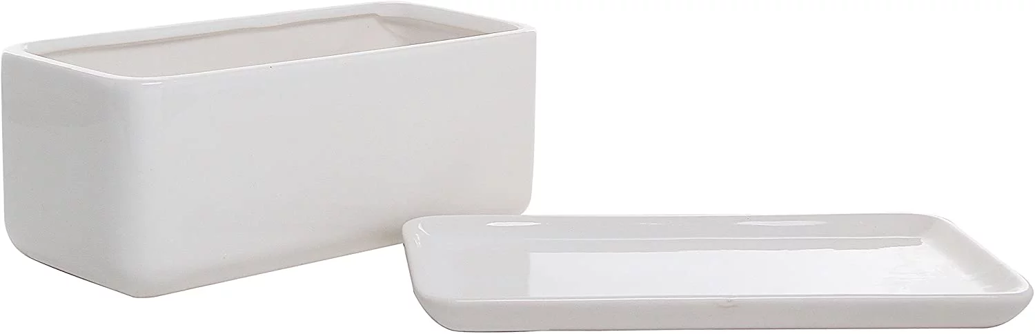 MyGift 10 Inch White Ceramic Rectangular Succulent Planters with Removable Tray, Set of 2