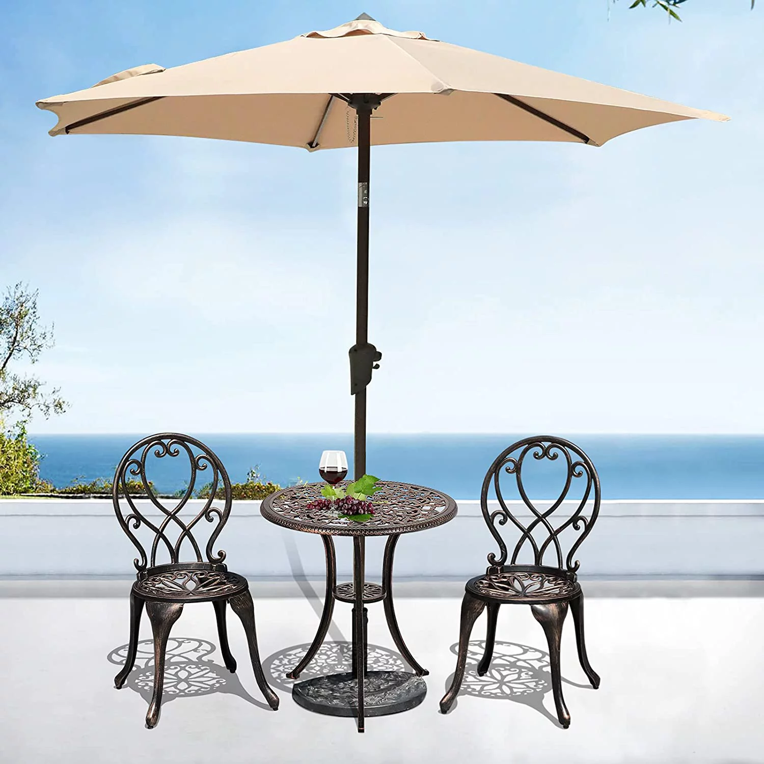 SJYHJKS 3 Piece Outdoor   All Weather Cast Aluminum Patio Dining Retro  and Chairs with 2\u2019\u2019 Umbrella Hole  Bronze