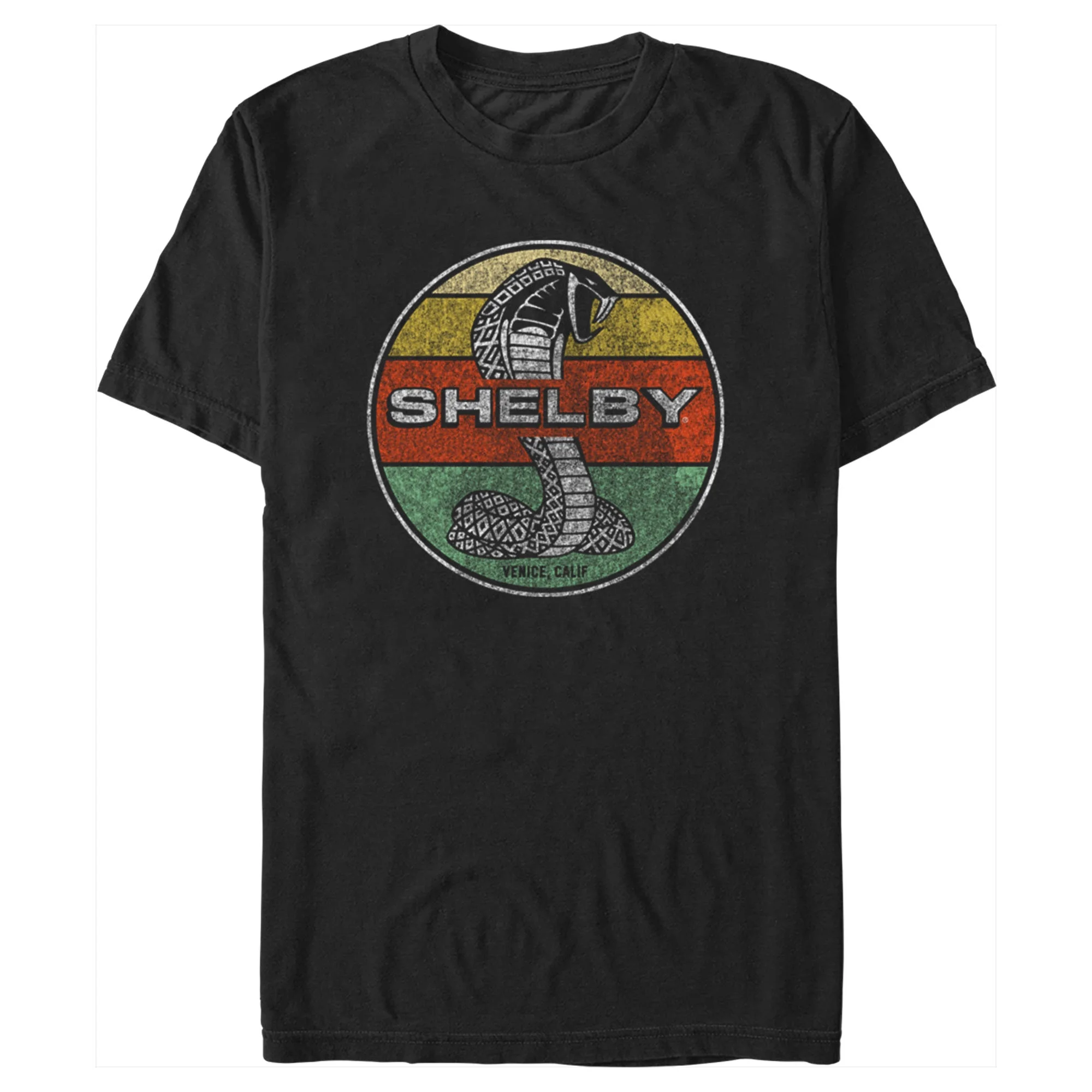 Men's Shelby Cobra Distressed Colorful Stripe Stamp  Graphic Tee Black Medium