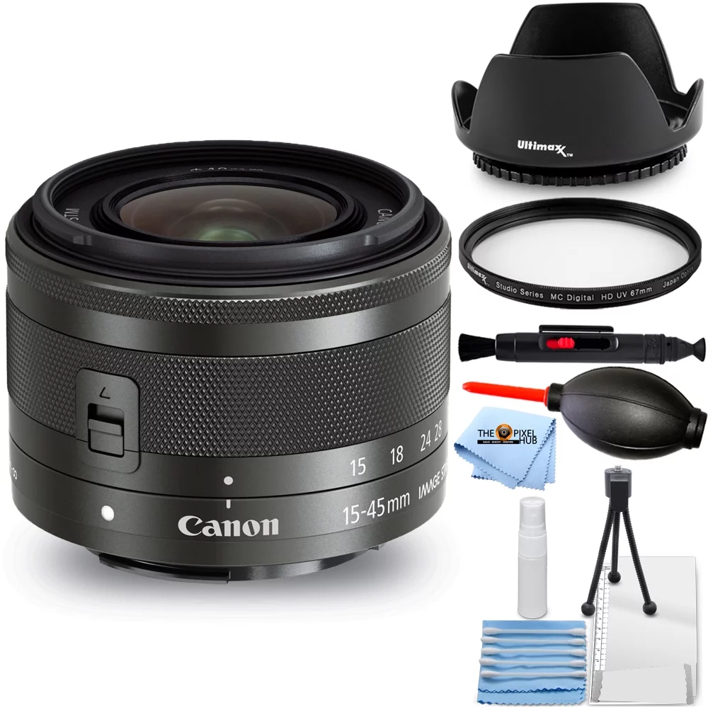 Canon EF-M 15-45mm f/3.5-6.3 IS STM Lens (Graphite) New in White Box - Essential Bundle Includes: Tulip Hood Lens, UV Filter, Cleaning Pen, Blower, Microfiber Cloth and Cleaning Kit