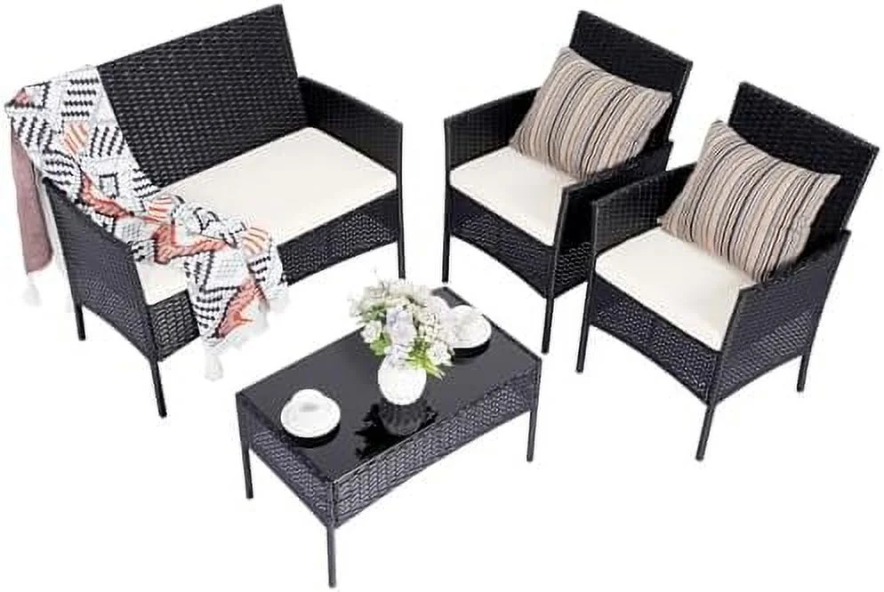 HYHBIBOOM Patio  Set 4 Pieces Conversation Set Outdoor PE Rattan Chair with Cushion Tempered Glass Table Garden Balcony Sets for Yard Pool Backyard Black/Beige