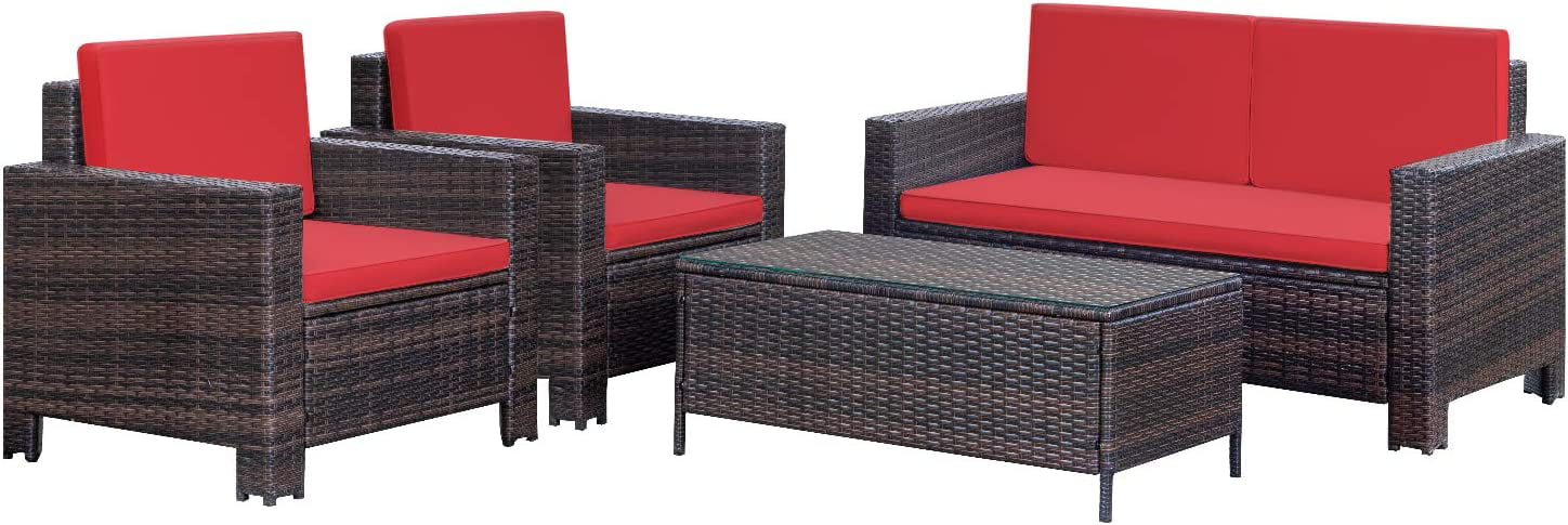 Dina 4 Pieces Outdoor Patio Furniture Sets Rattan Chair Wicker Conversation Sofa Set  Outdoor Indoor Backyard Porch Garden Poolside Balcony Use Furniture (Red)