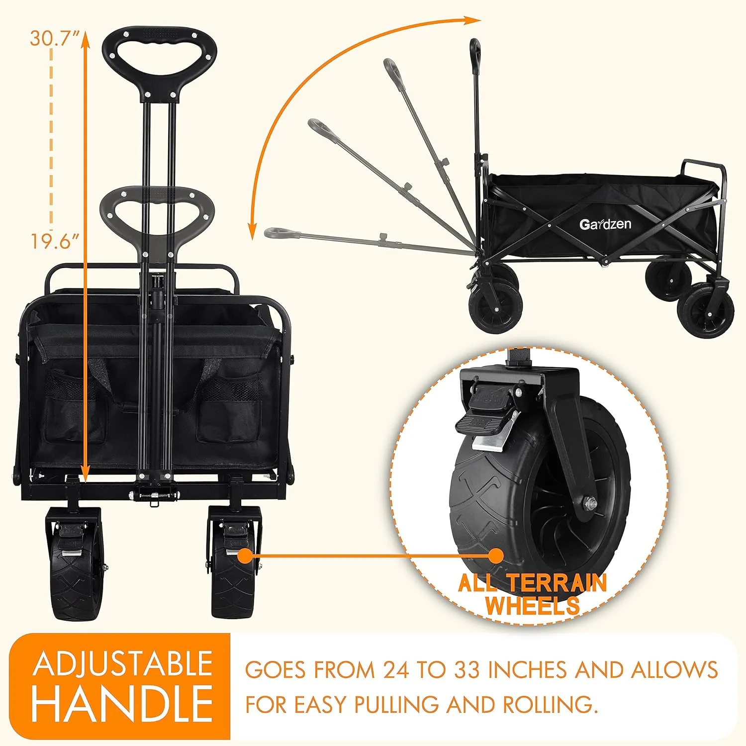 Gardzen Collapsible Wagon Cart, Garden Cart with All-Terrain Wheels, Hauls up to 180 lbs, Black