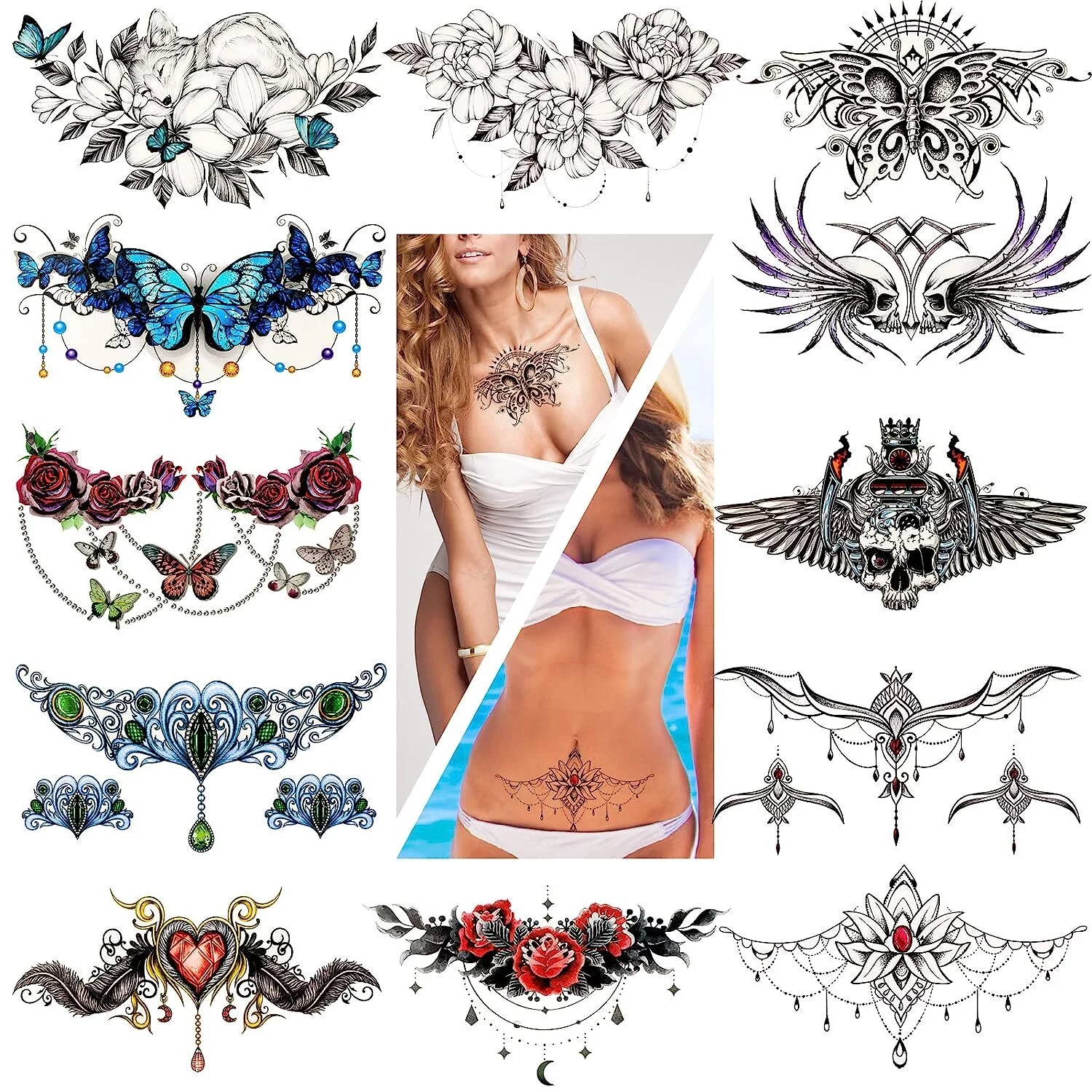 Konsait Large Sexy Flowers Tattoos Women, Realistic Fake Bowknot Butterfly Gem Rose Waterproof Tattoos for Girls Chest Waist Body Art Decor