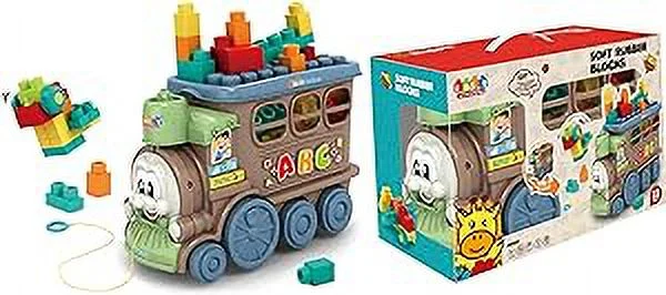 Kids Blocks Set - Montessori Activity Toy with 22 Stackable Blocks and Train Set with Storage and Blocks 2-in-1