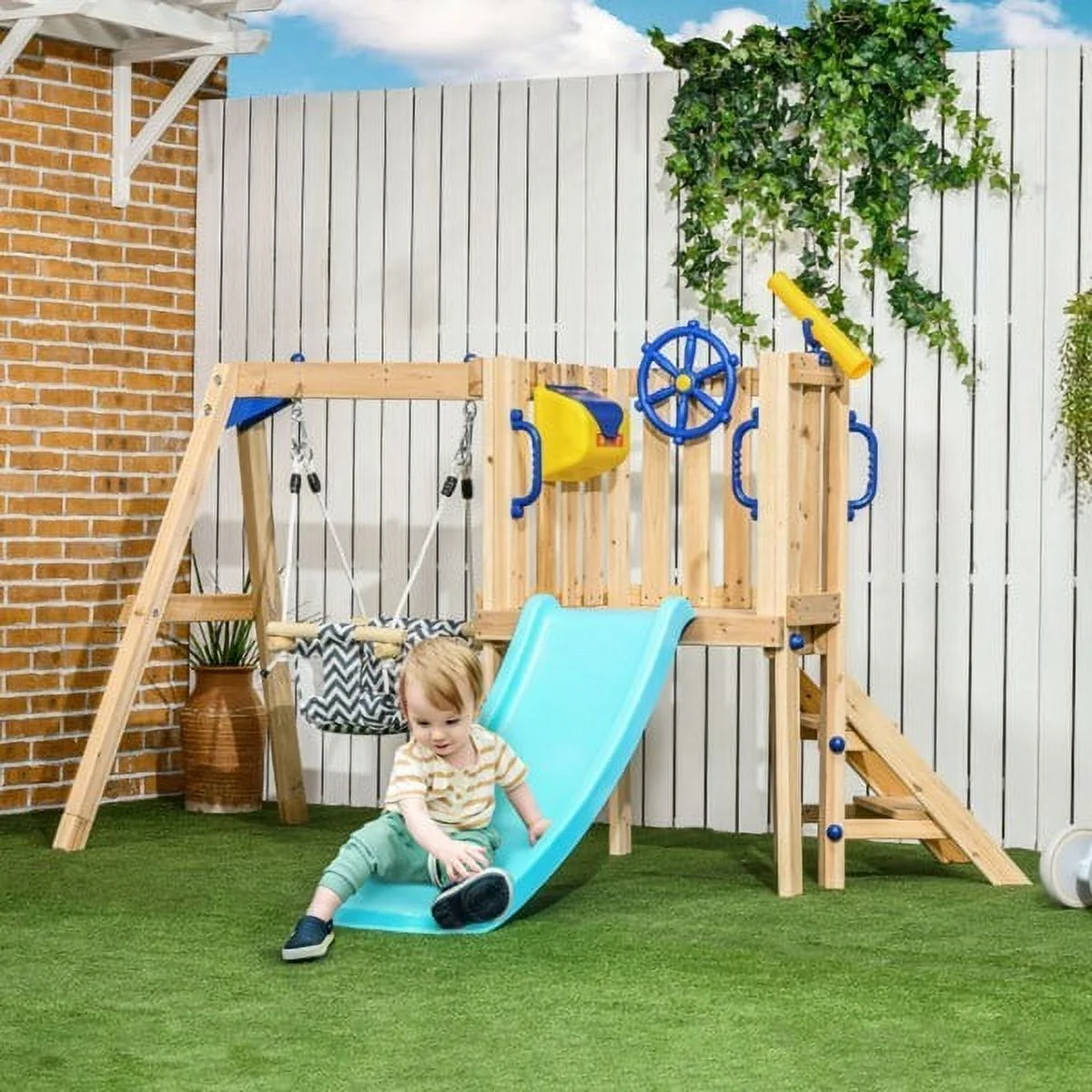 Nautical Toddler Swing Set - 1 - 2.21 - Embark on a seafaring journey with this little one-friendly swing set!