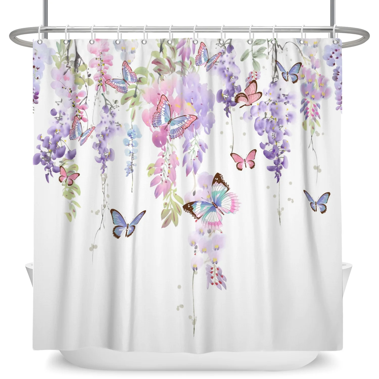 SUNOLIFE Purple Floral Shower Curtain Flowers with Butterfly Waterproof Fabric Bathroom Curtain 72x72 in