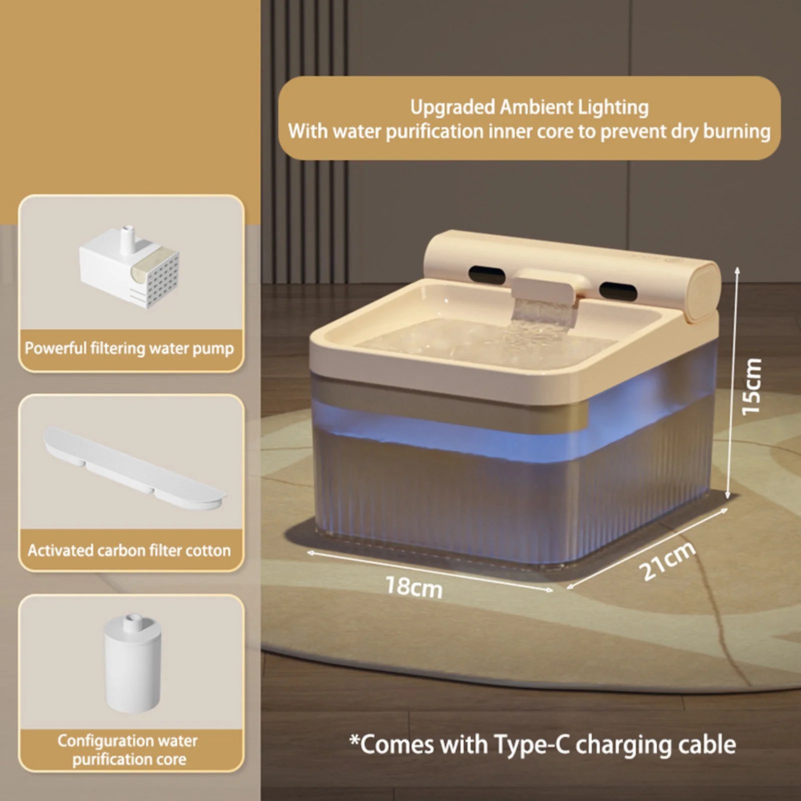 moobody Wireless Cat Water Dispenser Battery Operated 4L Dog Cat Water Fountain with Filter Chip and Water Purification Core