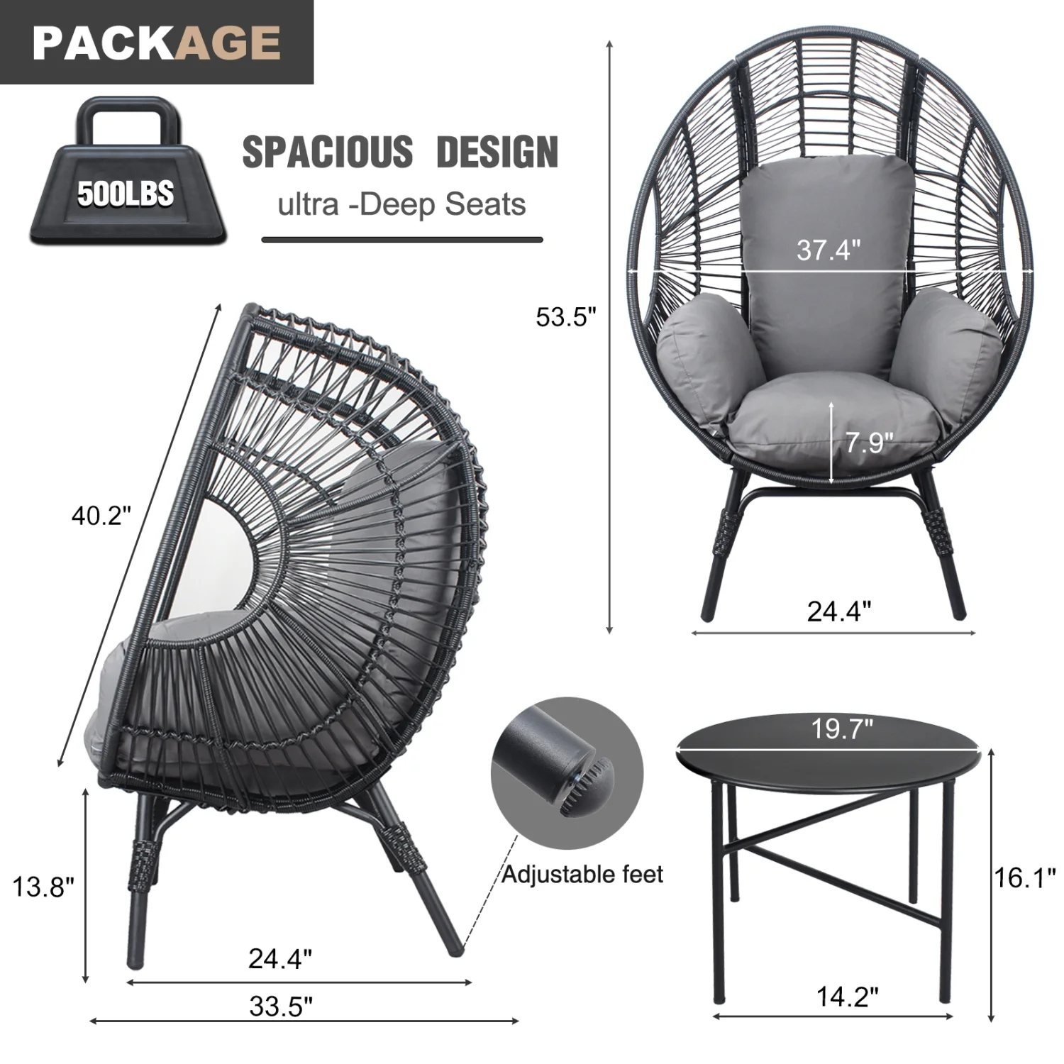 3-Piece Black PE Rattan Patio Egg Chairs Set with Stylish Grey Cushion and Side Table  Model 2