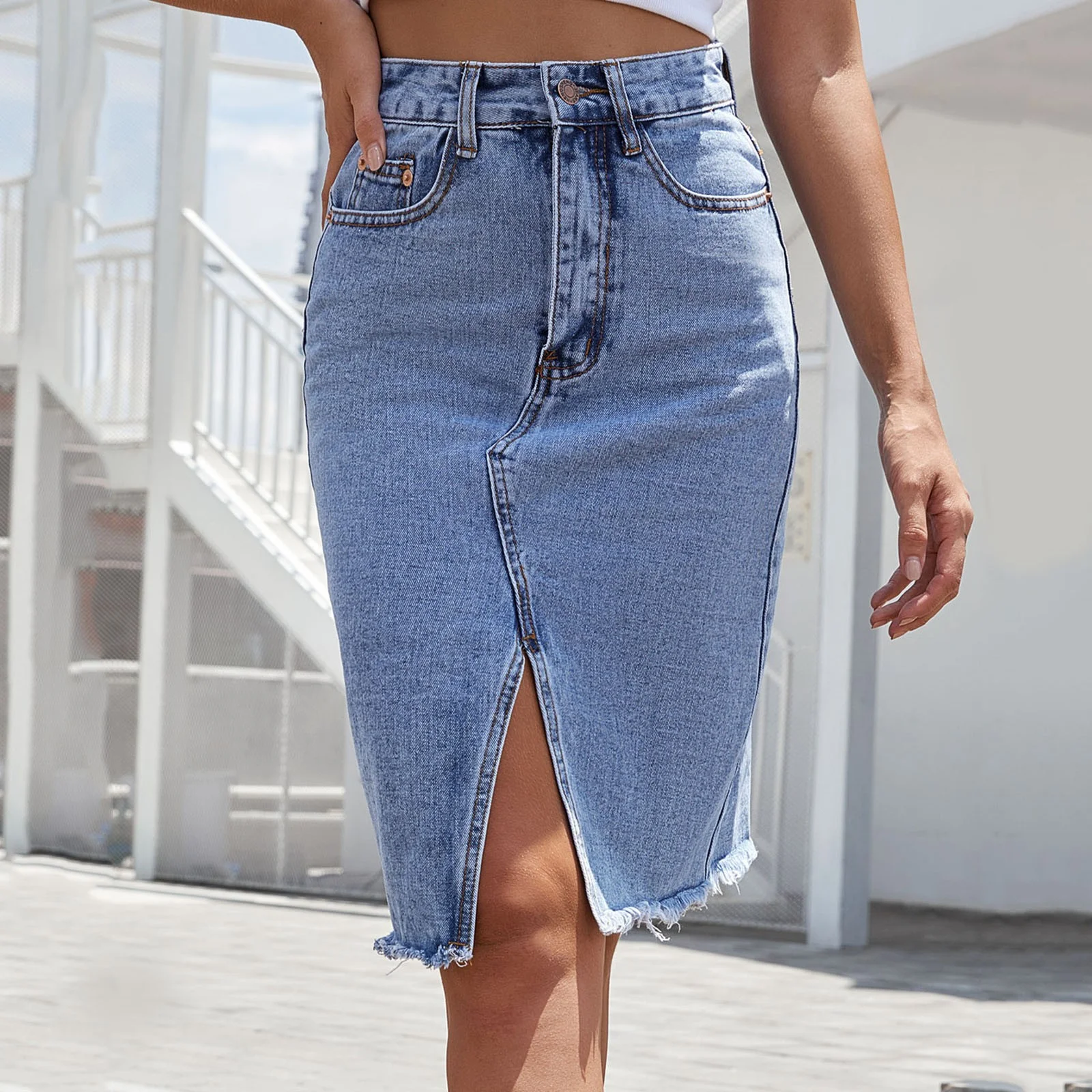 Summer Jean Skirt Women'S High Waist Autumn Mid Length Package Slit Denim Skirt Skirt Sets Women 2 Piece Outfits Dressy
