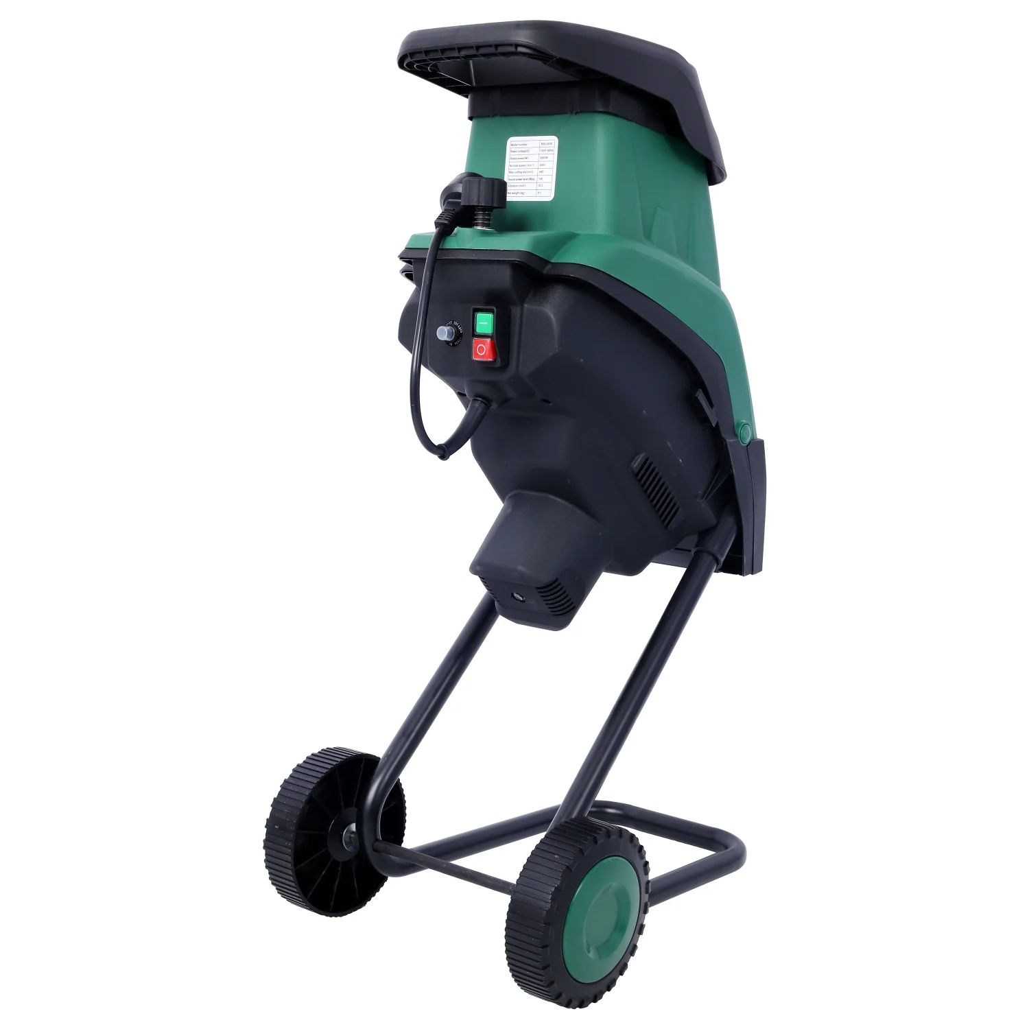 Efficient Green Portable Electric Wood Chipper/Shredder with Wheels - Featuring Double Sided Blade System and 15Amp Motor - Ideal for Yard Maintenance - Includes Auto Shut-Off and Chippin