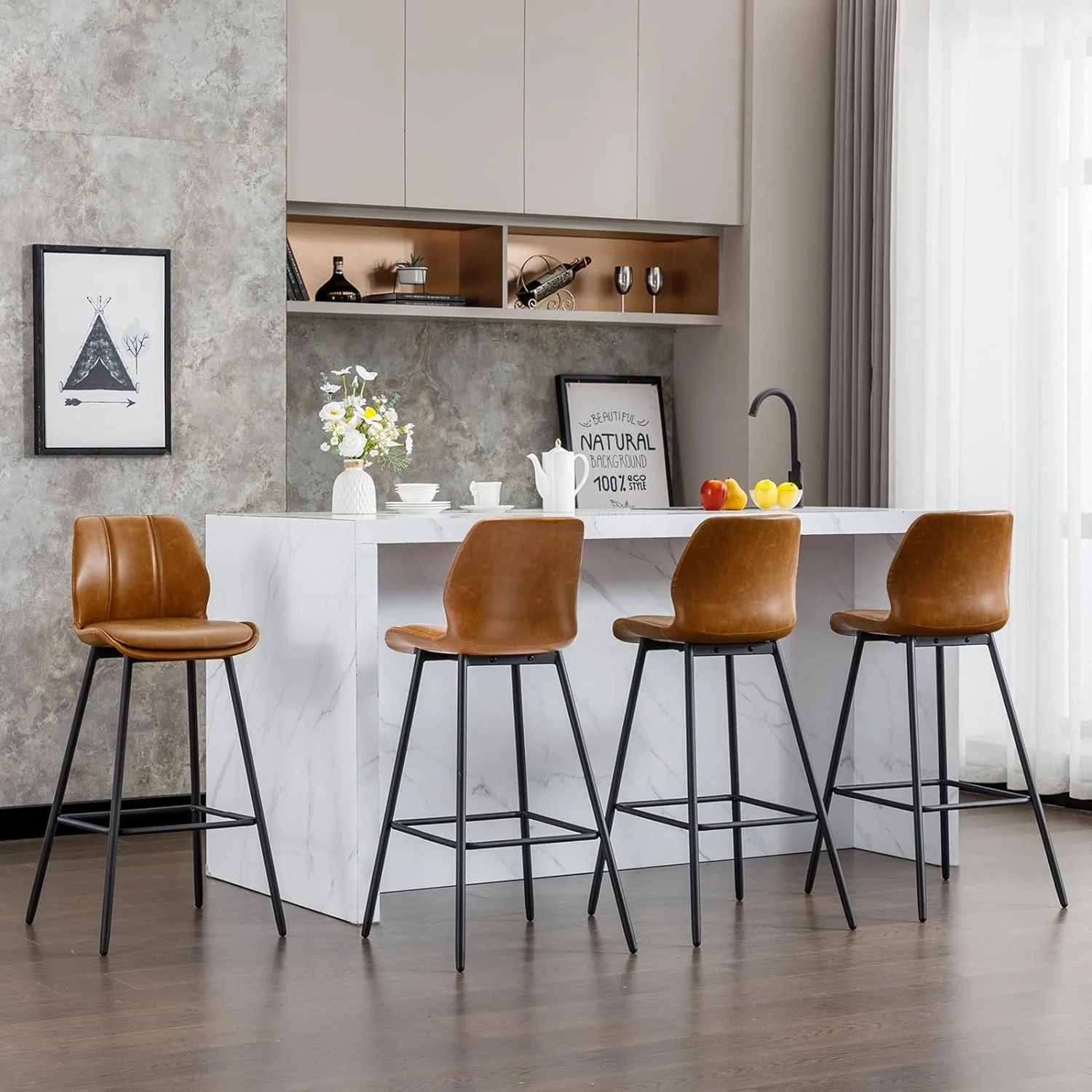 CHIOPKM Counter Height 26 inch  Stools  Industrial Pub Barstools with Back and Metal Legs  Modern Armless Faux Leather  Chairs for Kitchen Island (Black  4 pcs 26Inch)